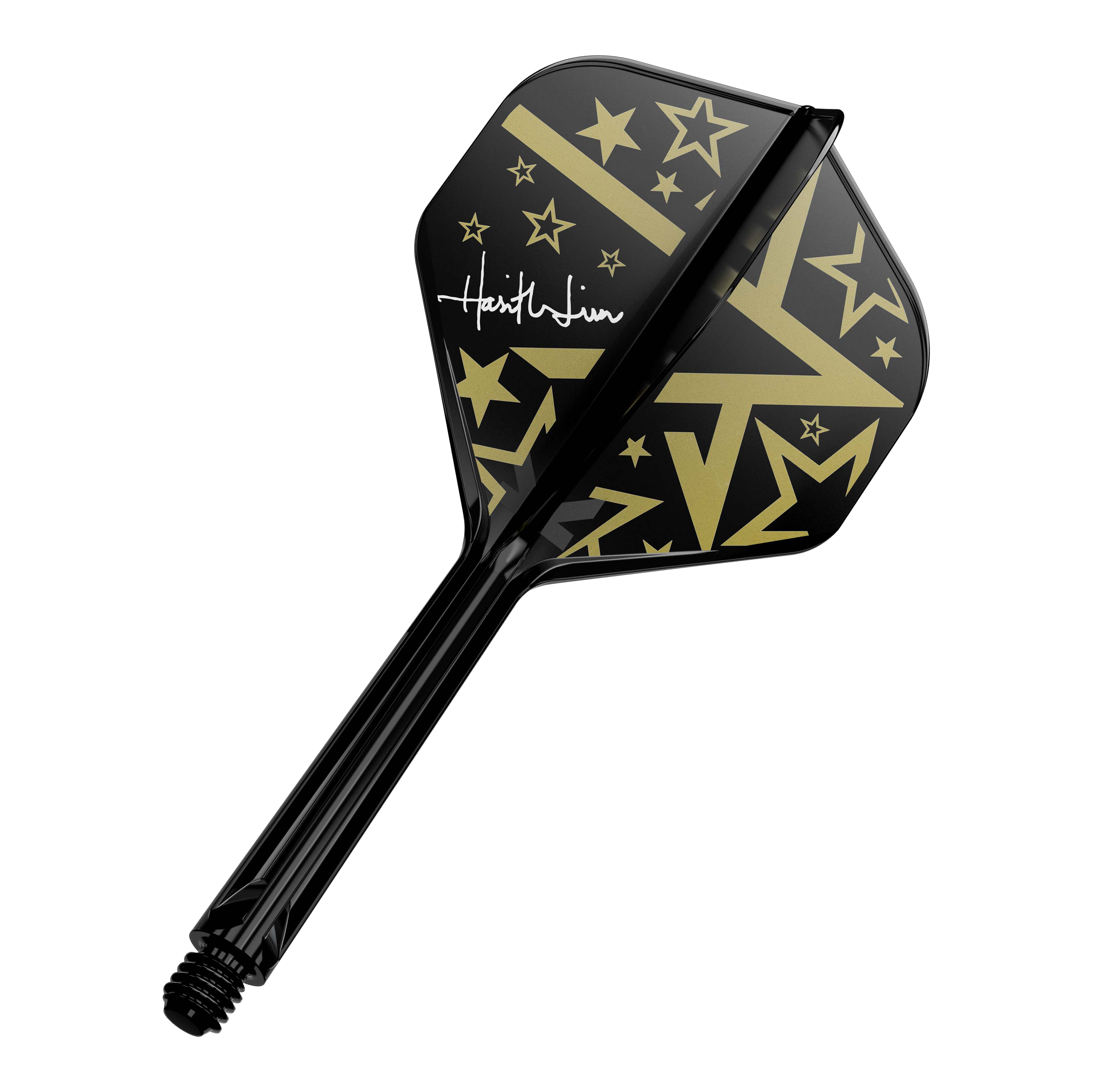 Target Japan K-Flex Hot Shot No2 Standaard Vlucht Shaft Systeem Dies ist ein schwarzer Dartschaft mit einem Flight in Schwarz und Gold. Das Flight-Design zeigt goldene Sterne und geometrische Muster sowie eine weiße Unterschrift.