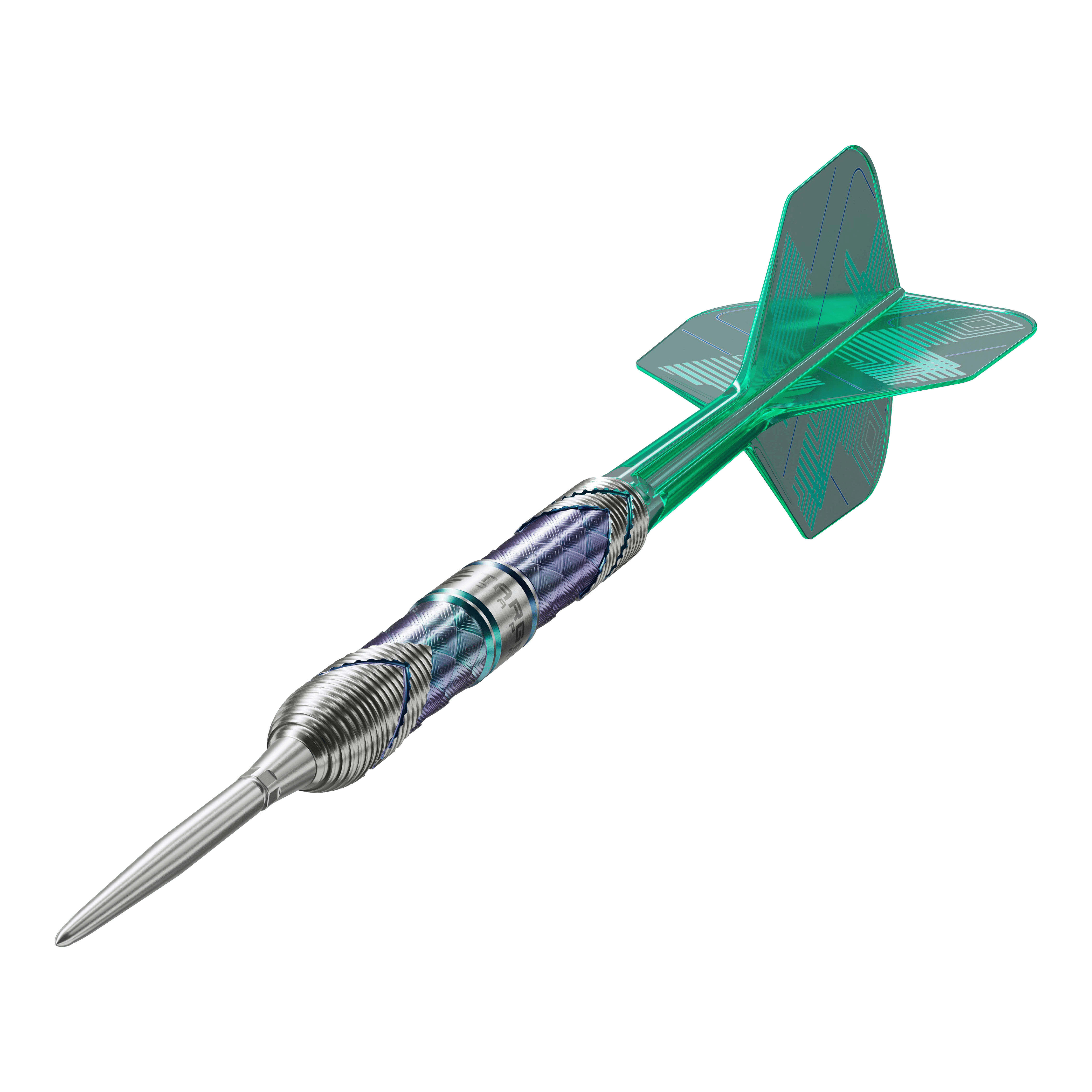 Target Japan Kaze Series Ceros 03 Steeldarts - 24g Das Bild zeigt den Target Japan Kaze Series Ceros 03 Steeldart mit einem Gewicht von 24g. Der Dart hat einen silbernen, strukturierten Barrel und grüne Flights.