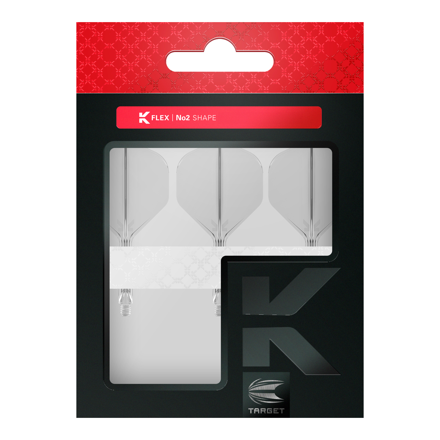 Target K-Flex No2 Standaard Vluchtsysteem - Helder Das Bild zeigt eine Packung mit Target K-Flex No2 Standard Flights in durchsichtigem Design. Die Verpackung ist schwarz mit einem roten Abschnitt oben und enthält vier Flights.