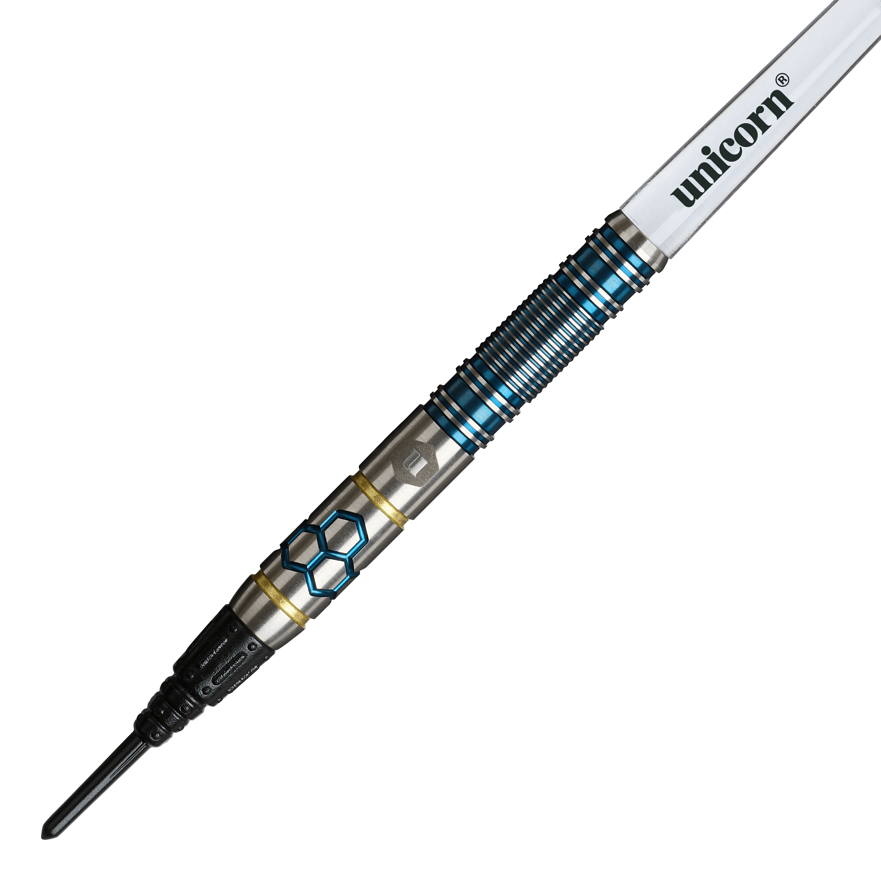Unicorn Hexium Style 02 Blauw & Goud Zachte Dartpijlen - 21 g Unicorn Hexium Style 02 Blue & Gold Softdarts - 21g ist auf diesem Bild zu sehen. Die Softdarts sind in den Farben Blau und Gold gestaltet.