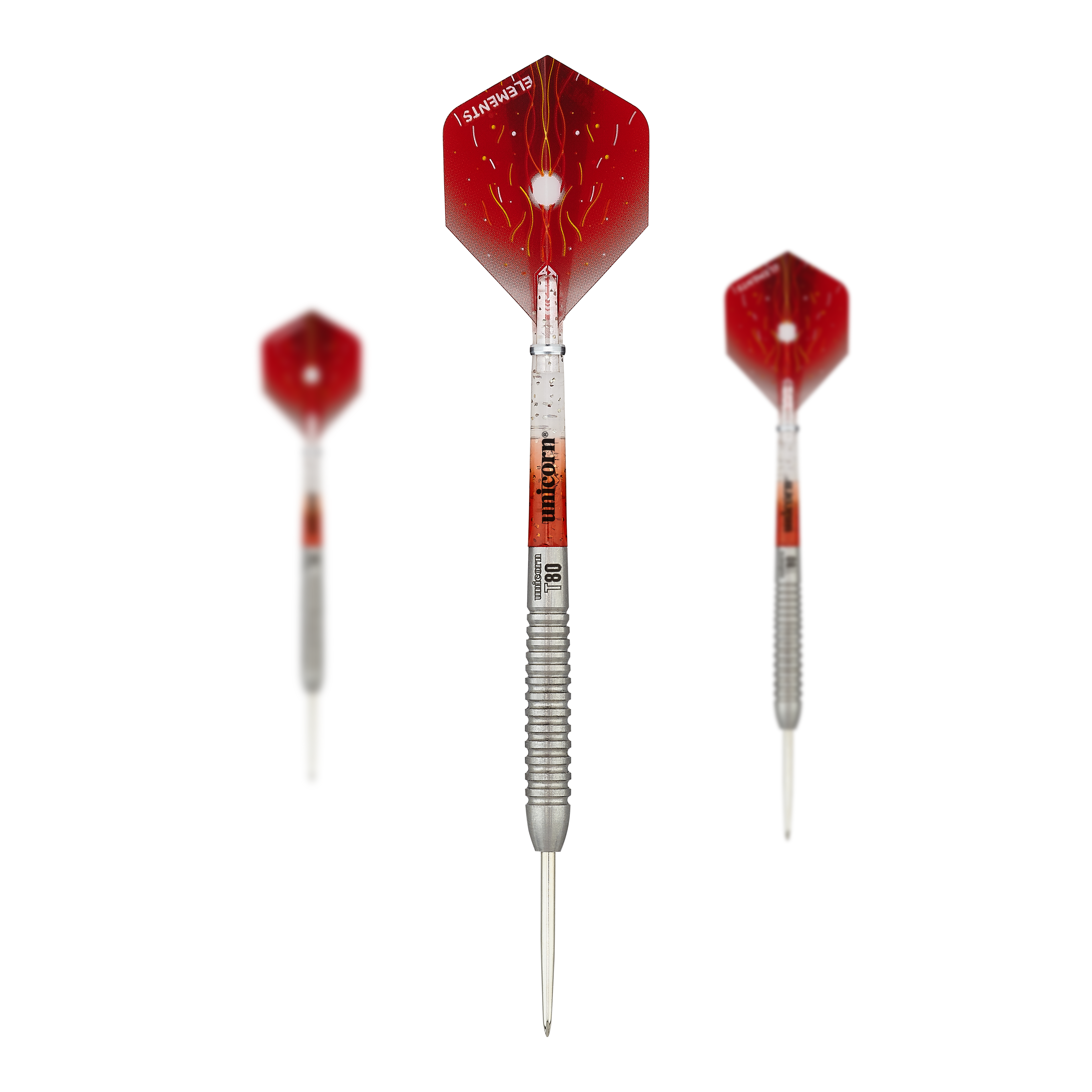 Unicorn Core XL Striker Style 5 stalen darts Das Bild zeigt drei Steeldarts des Produkts "Unicorn Core XL Striker Style 5". Die Darts haben rote Flights und einen silbernen, geriffelten Schaft.