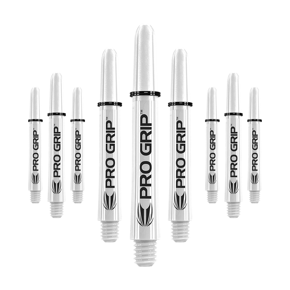 Target Pro Grip Shafts - 3 sets - Wit Das Bild zeigt neun weiße Dartschäfte mit der Aufschrift "PRO GRIP". Sie sind in drei Reihen angeordnet, wobei die mittleren Schäfte am größten sind.
