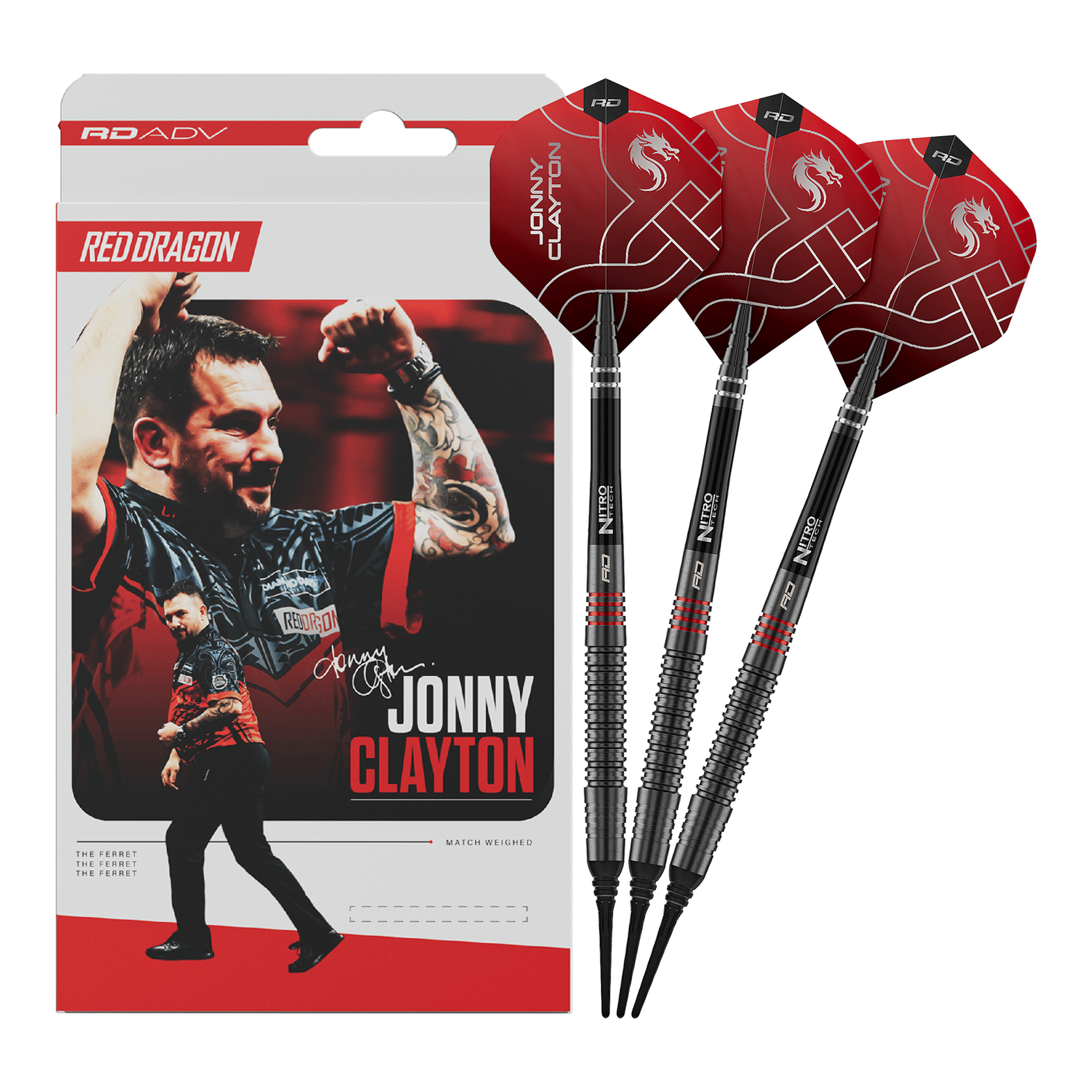 Red Dragon Jonny Clayton RD-ADV softdarts - 18 g Das Foto zeigt die Red Dragon Jonny Clayton RD-ADV Softdarts - 18g. Die volle Länge des Darts ist abgebildet.