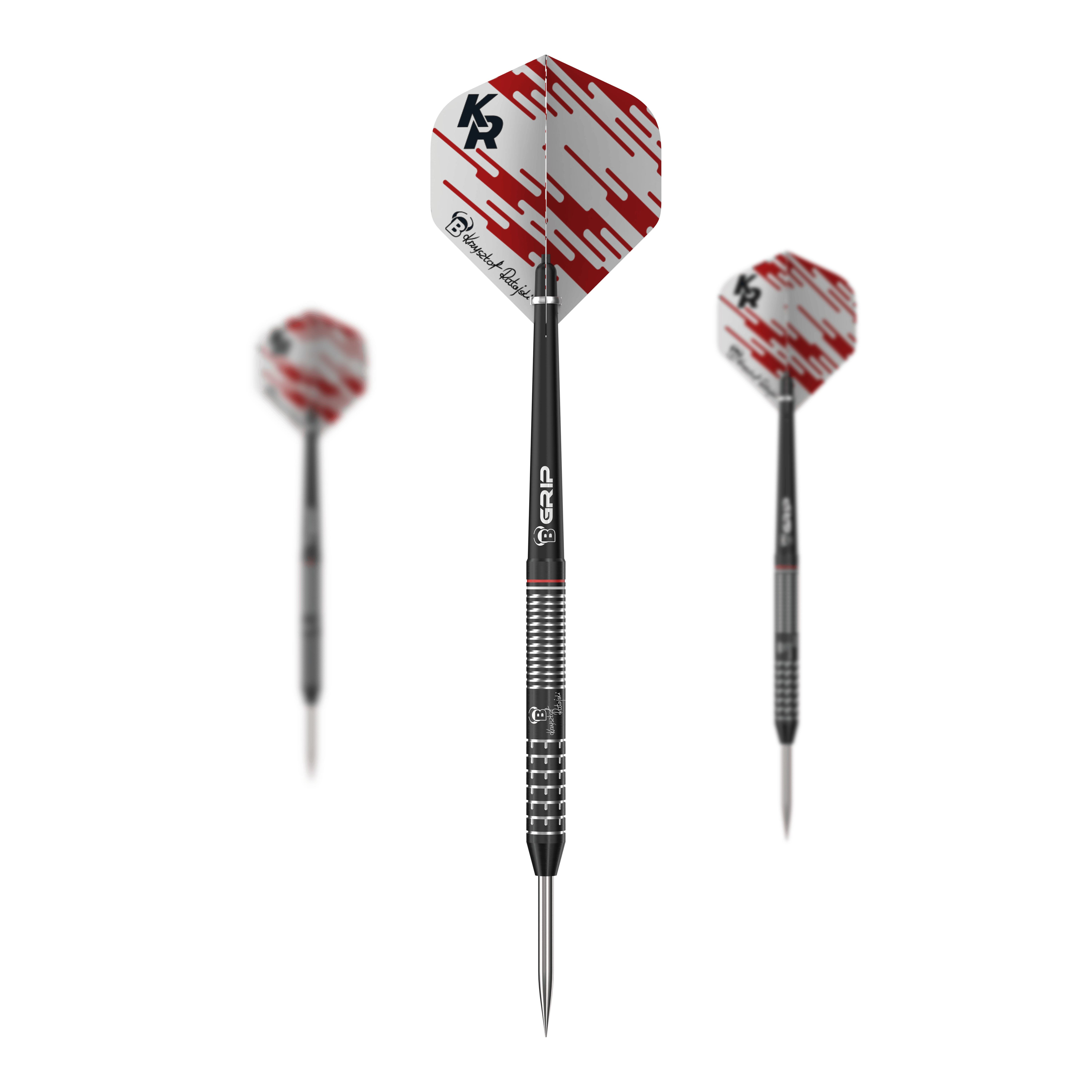 Die Abbildung zeigt drei Steeldarts des Modells "Bulls Krzysztof Ratajski Generation 2 Black Edition". Die Flights sind weiß mit roten Streifen und der Schaft sowie das Barrel sind schwarz-silbern gestaltet.