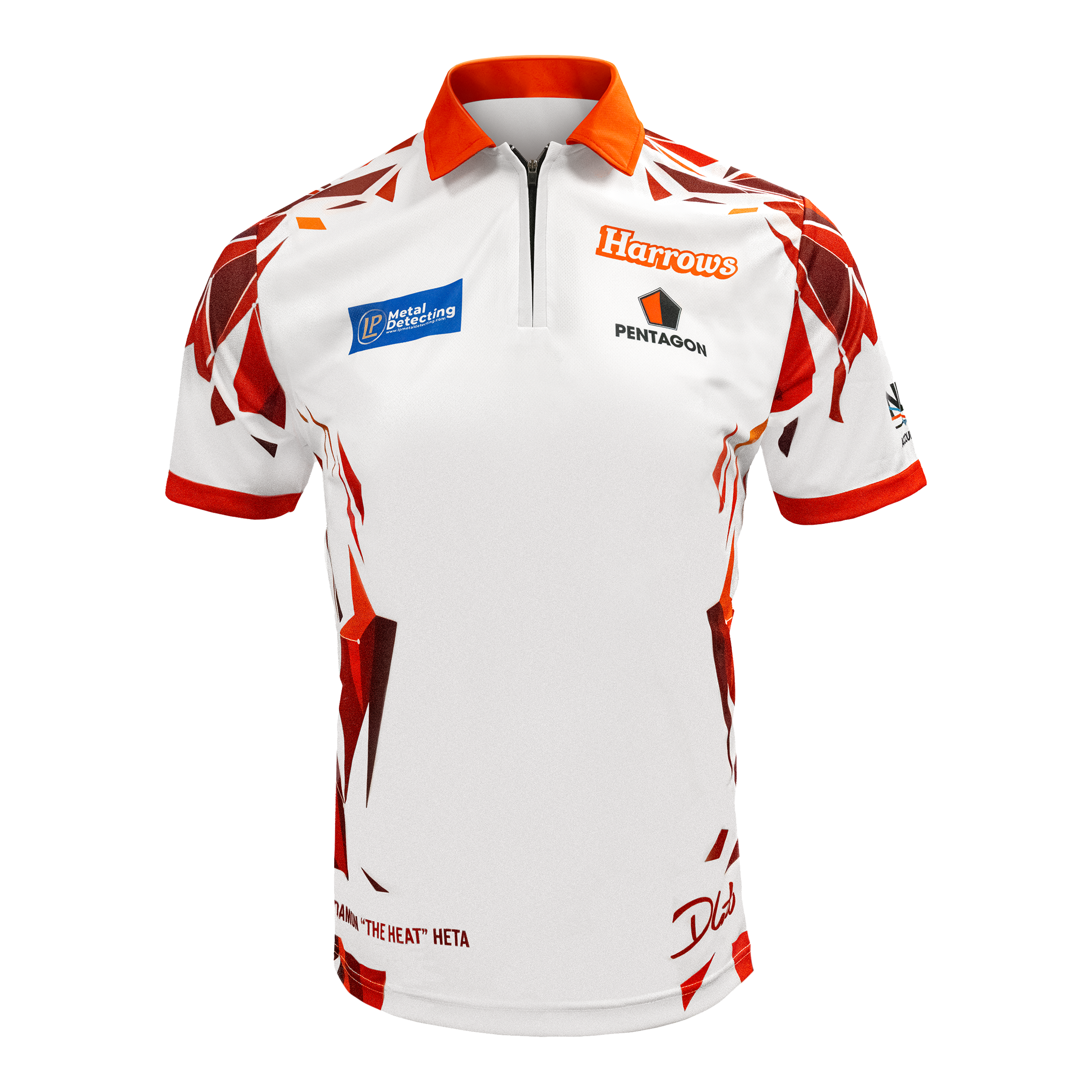 Hier sieht man das Harrows Damon Heta Playershirt. Das Shirt ist für Dartspieler gemacht.