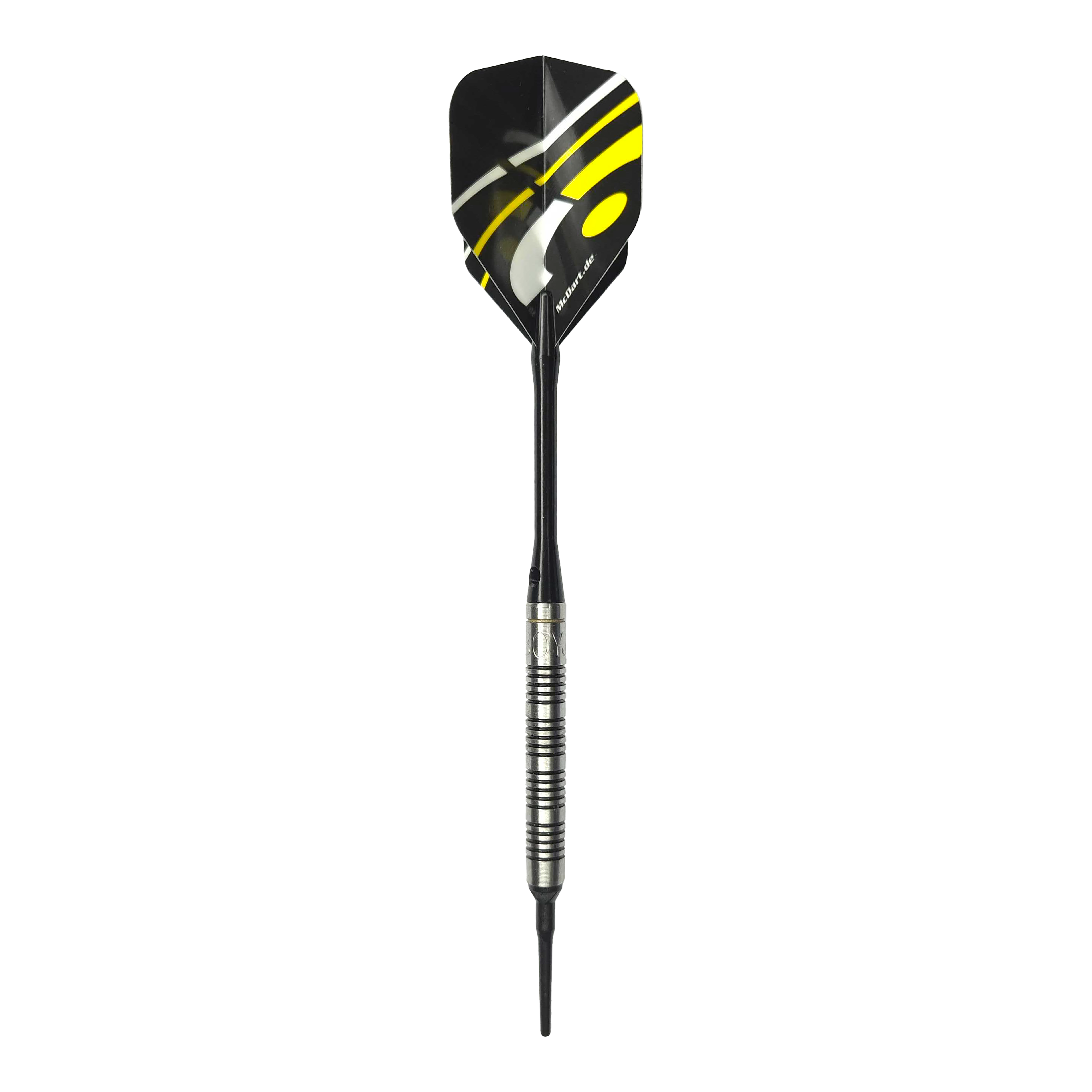 McDart 85 Wolfraam V17 Softdarts - 16,5 g Das Bild zeigt den McDart 85er Tungsten V17 Softdart mit einem Gewicht von 16,5g. Der Dart hat ein modernes Design mit schwarzen und gelben Akzenten auf den Flights.