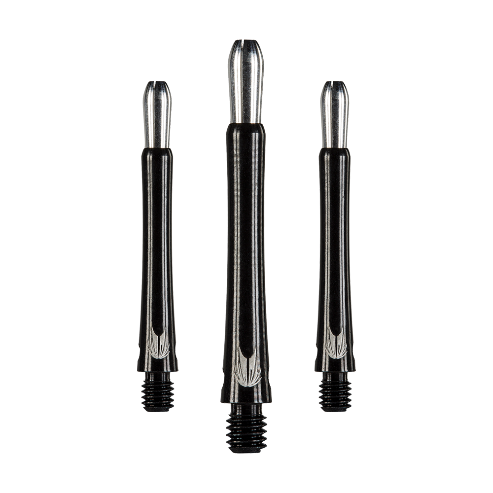 146220_Target_Grip_Style_Aluminium_Shafts_Schwarz_408mm_1 Das Bild zeigt drei schwarze Aluminium-Dartschäfte mit silbernen Details. Sie stehen aufrecht nebeneinander und haben ein modernes, schlankes Design.