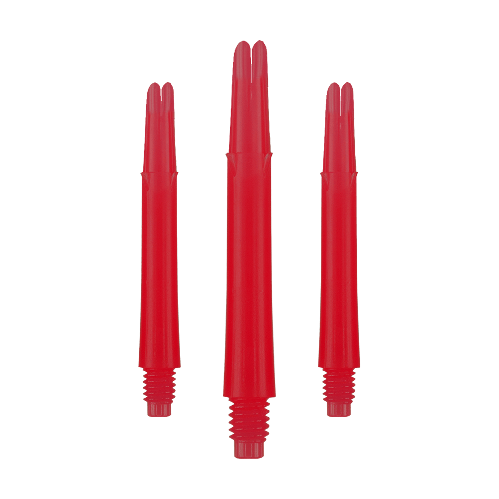 L-L-Style-Shafts Locked Straight - Rood Auf dem Bild sind drei gerade, rote Dartschäfte aus Kunststoff zu sehen. Sie haben Gewinde am unteren Ende und sind ohne Kappen dargestellt.