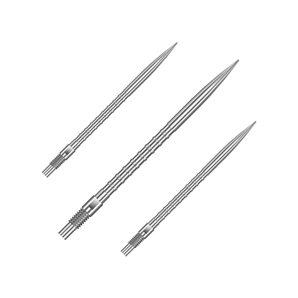 Das Bild zeigt ein Set von silbernen Dartspitzen mit 40 mm Länge. Die Spitzen sind nebeneinander arrangiert.