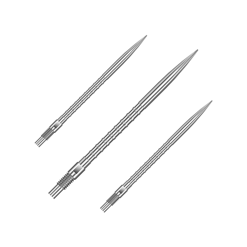 Harrows Quick Point Heavy Metal Dart Tips - Zilver Das Bild zeigt ein Set von silbernen Dartspitzen mit 40 mm Länge. Die Spitzen sind nebeneinander arrangiert.