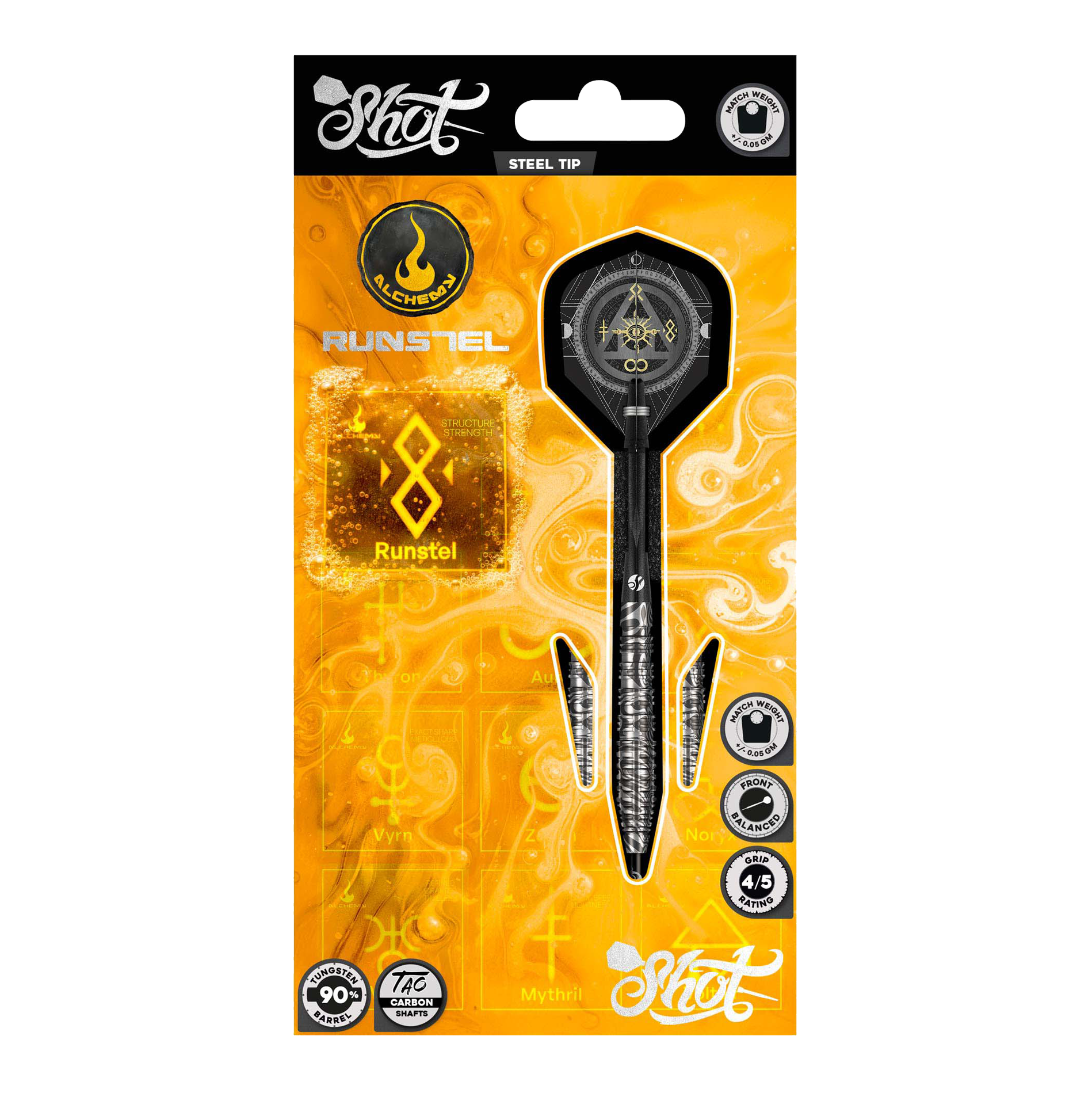Shot Alchemy Runstel stalen pijlen Das Bild zeigt die Shot Alchemy Runstel Steeldarts. Dieses Produkt sind hochwertige Steeldarts für Dartspieler.
