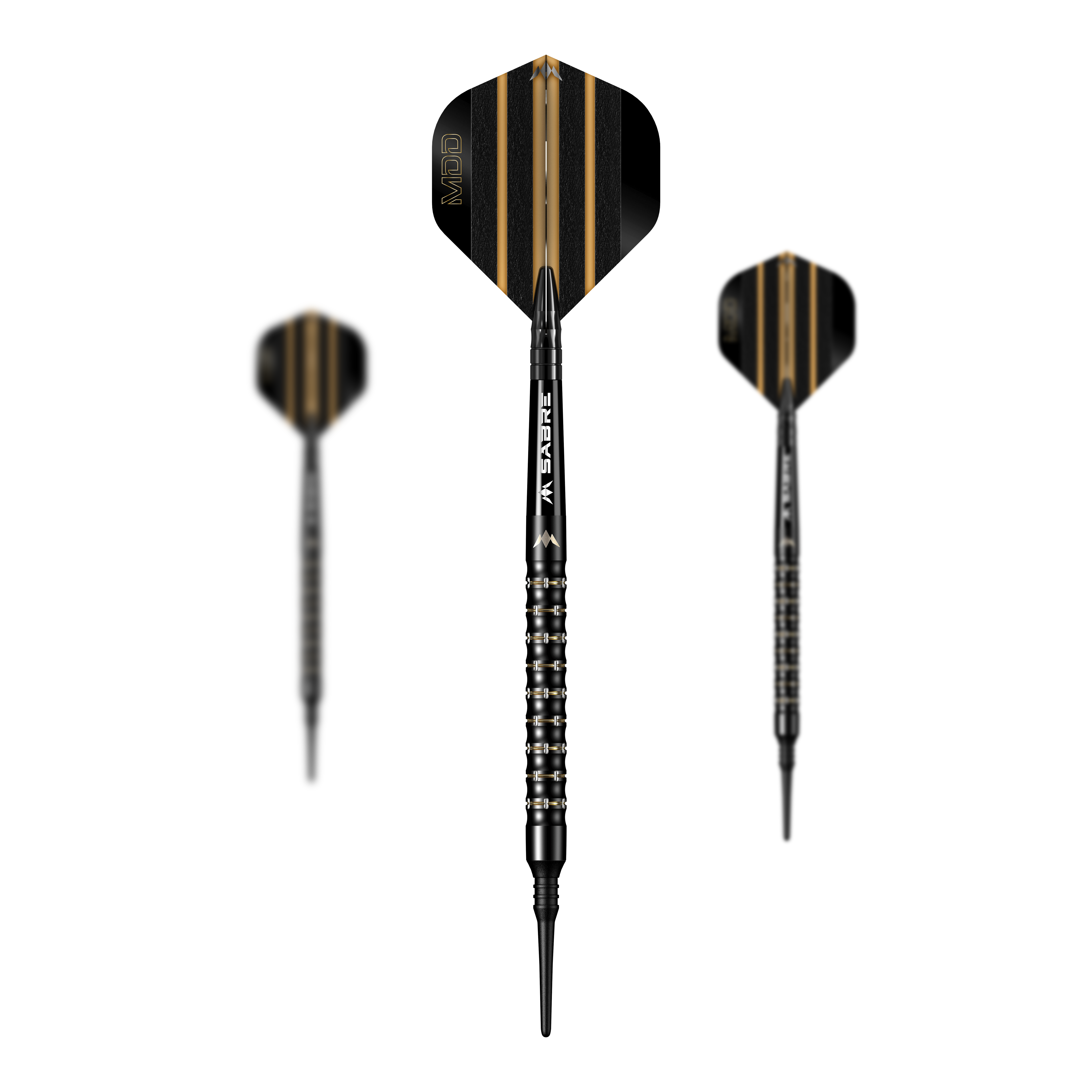 Mission Mike De Decker MDD Black Gold Soft Darts - 20g Das Bild zeigt drei Softdarts des Modells „Mission Mike De Decker MDD Black Gold“ mit einem Gewicht von 20g. Die Darts sind schwarz mit goldenen Streifen auf den Flights und haben ein modernes, edles Design.
