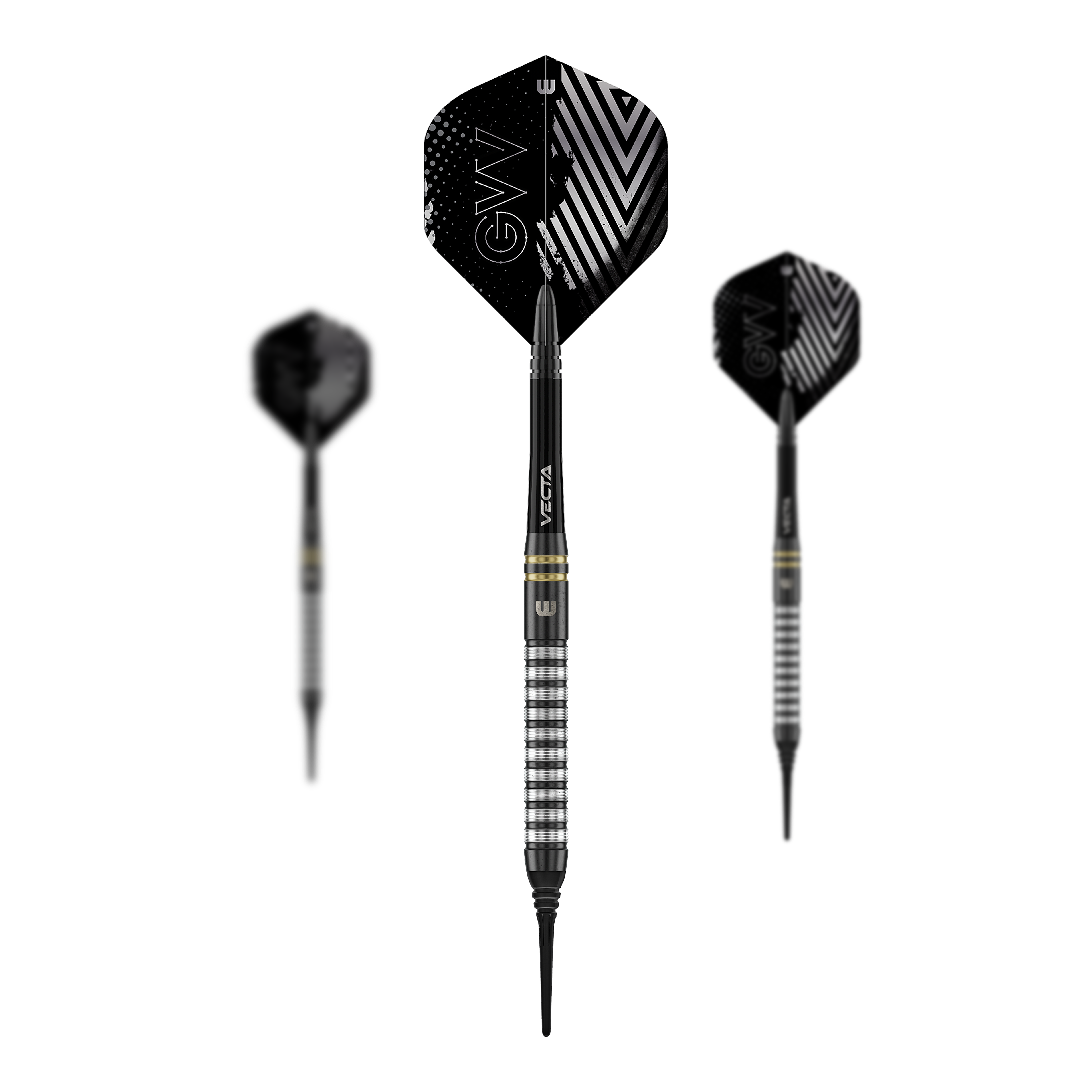 Winmau Gian Van Veen TS zachte dartpijlen - 18g Das Foto zeigt ein Set der Winmau Gian Van Veen TS Softdarts 18g. Alle Darts liegen nebeneinander auf einer ebenen Fläche.