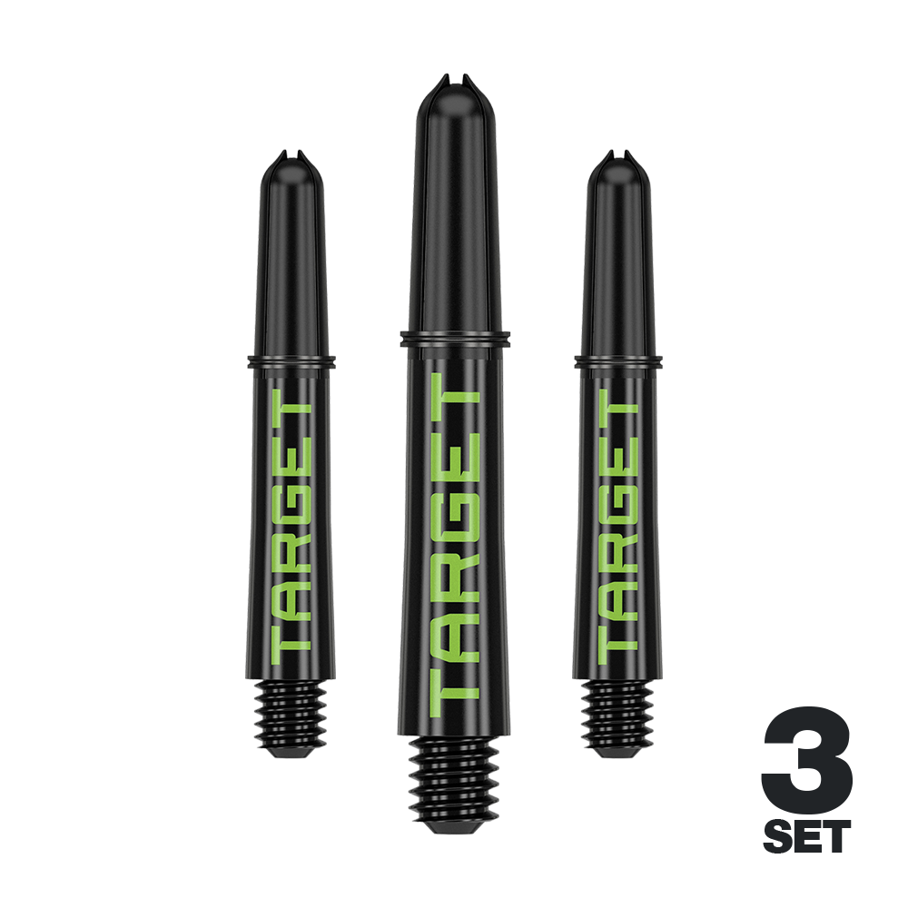 Target Pro Grip TAG Shafts - 3 Sets - Zwart Groen Auf dem Bild sind drei schwarze Dartschäfte mit grünem "TARGET"-Schriftzug zu sehen. Unten rechts steht "3 SET", was darauf hinweist, dass es sich um ein Set aus drei Stück handelt.