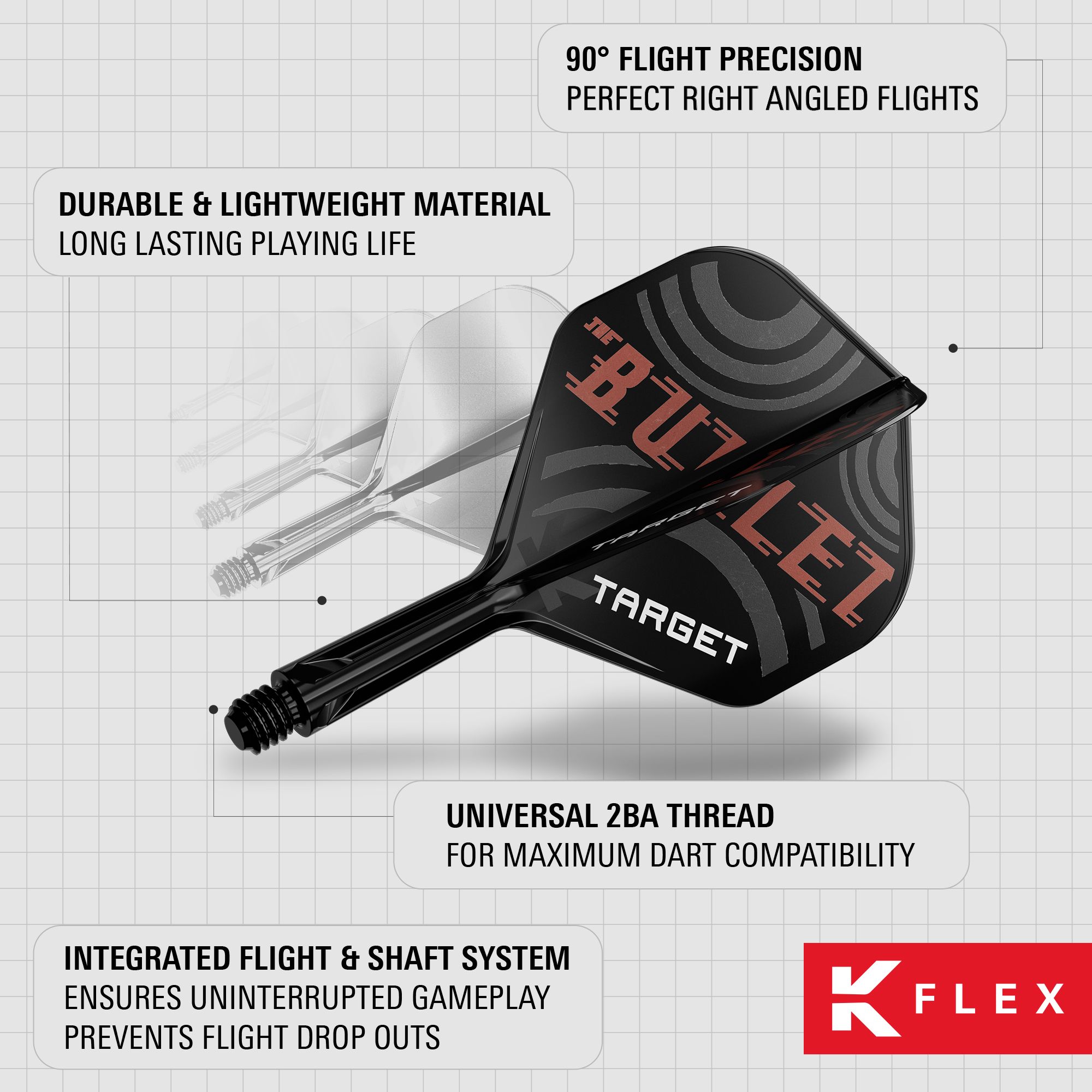 Target K-Flex Stephen Bunting No2 Standaard Vlucht Shaft Systeem Das Bild zeigt die Target K-Flex Stephen Bunting No2 Standard Flights mit integriertem Flight- und Shaft-System. Sie bestehen aus langlebigem, leichtem Material und bieten eine präzise 90° Flugposition.