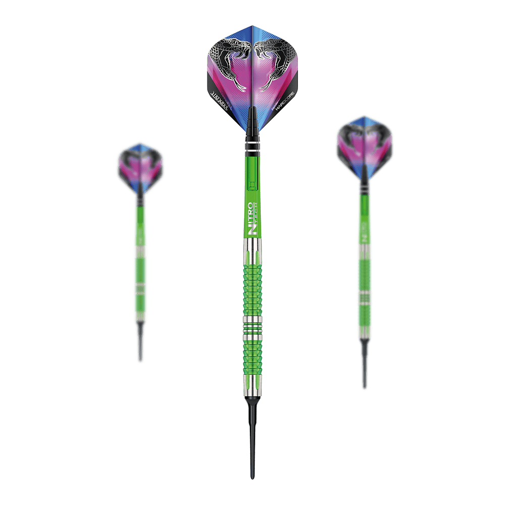 Red Dragon Peter Wright Slangenbeet Mamba 2 zachte pijltjes Red Dragon Peter Wright Snakebite Mamba 2 Softdarts. Das Bild zeigt Softdarts mit Schlangenmotiv.