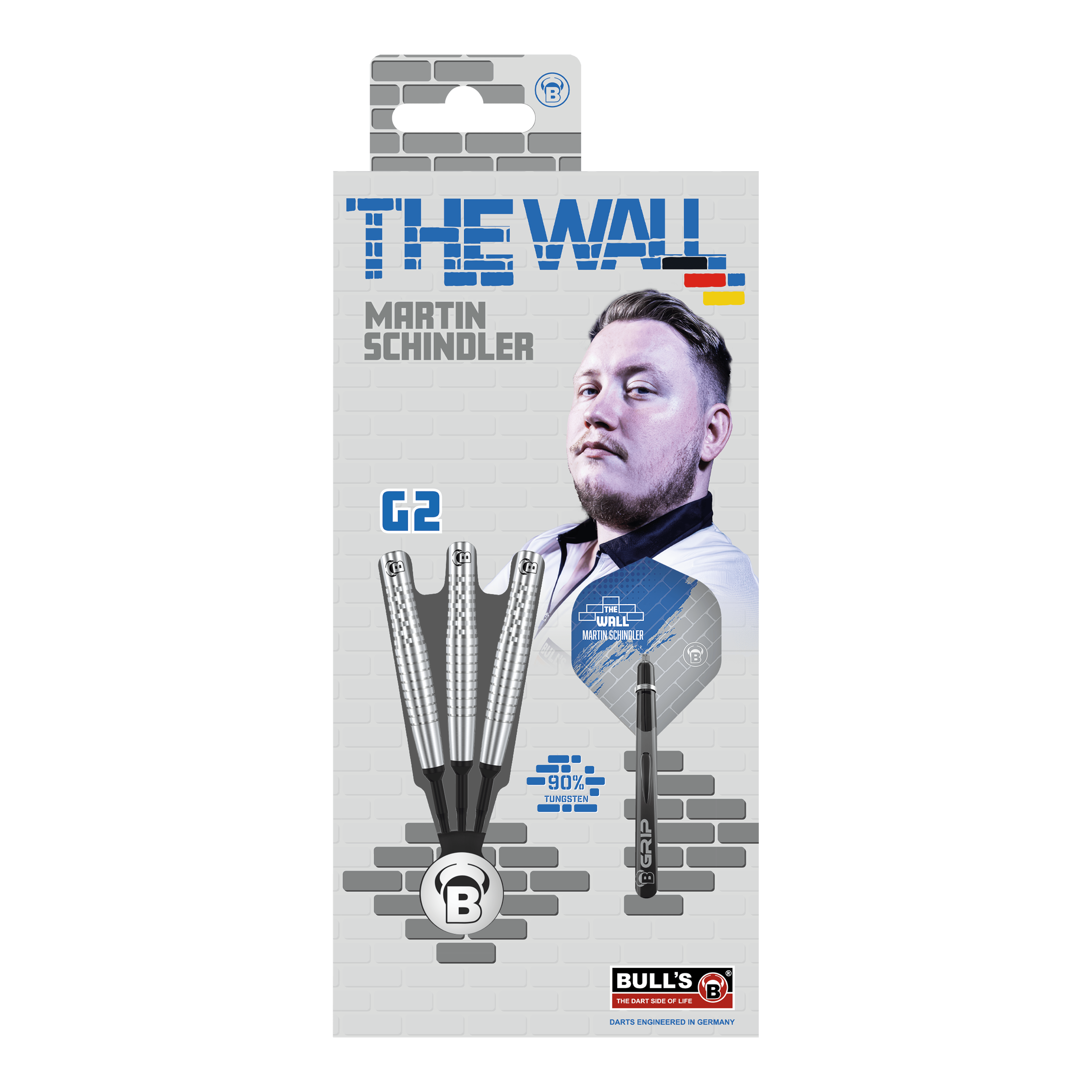 Bulls Martin Schindler Original Generation 2 zachte darts Die Verpackung zeigt die "Bulls Martin Schindler Original Generation 2 Softdarts". Auf der Vorderseite ist ein Bild von Martin Schindler und die Darts selbst abgebildet.