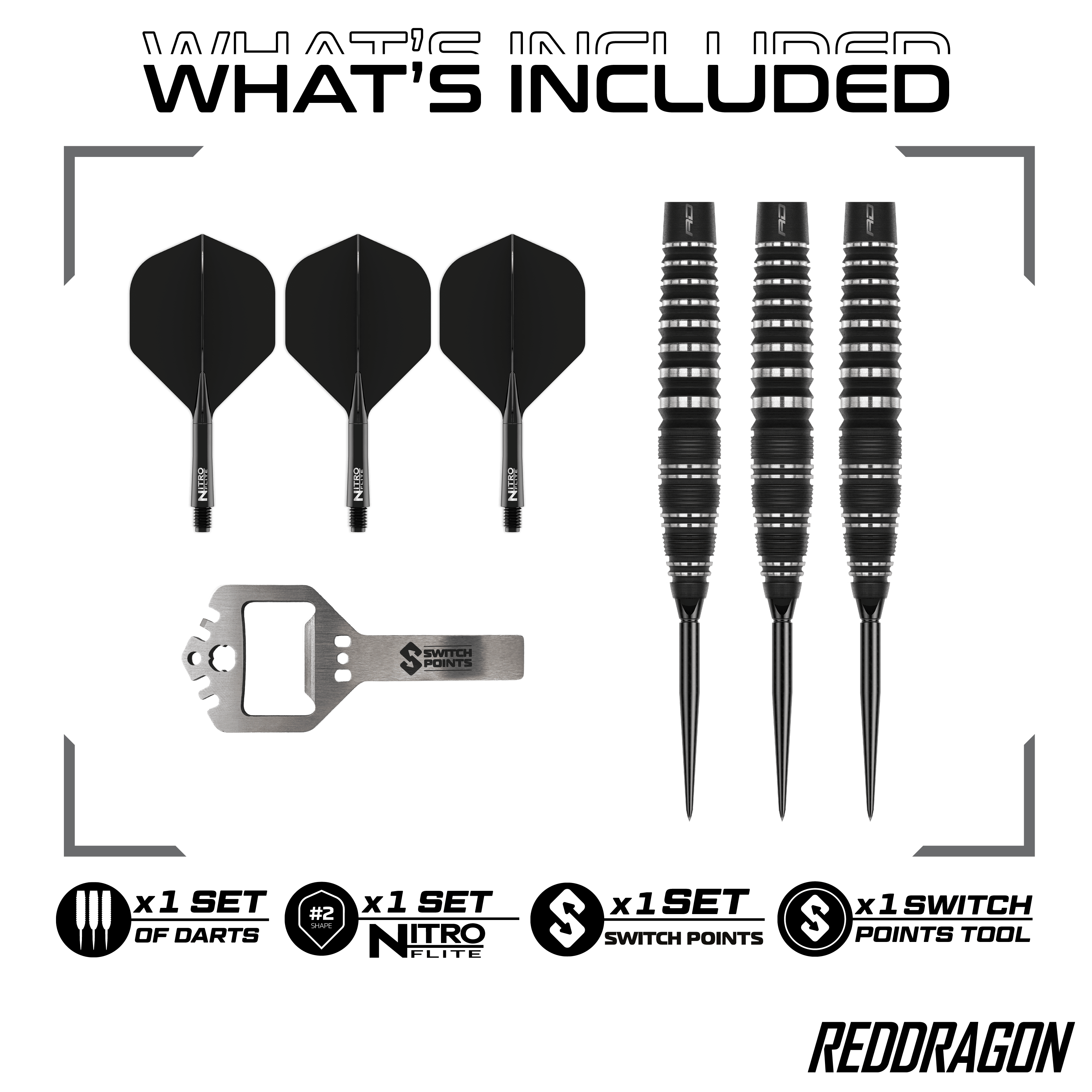 Red Dragon Sable Bom Schakelpunt Stalen Darts Das Bild zeigt die Red Dragon Sable Bomb Switch Point Steeldarts. Die Darts haben ein markantes Design und sind speziell für das Steeldartspiel entwickelt.