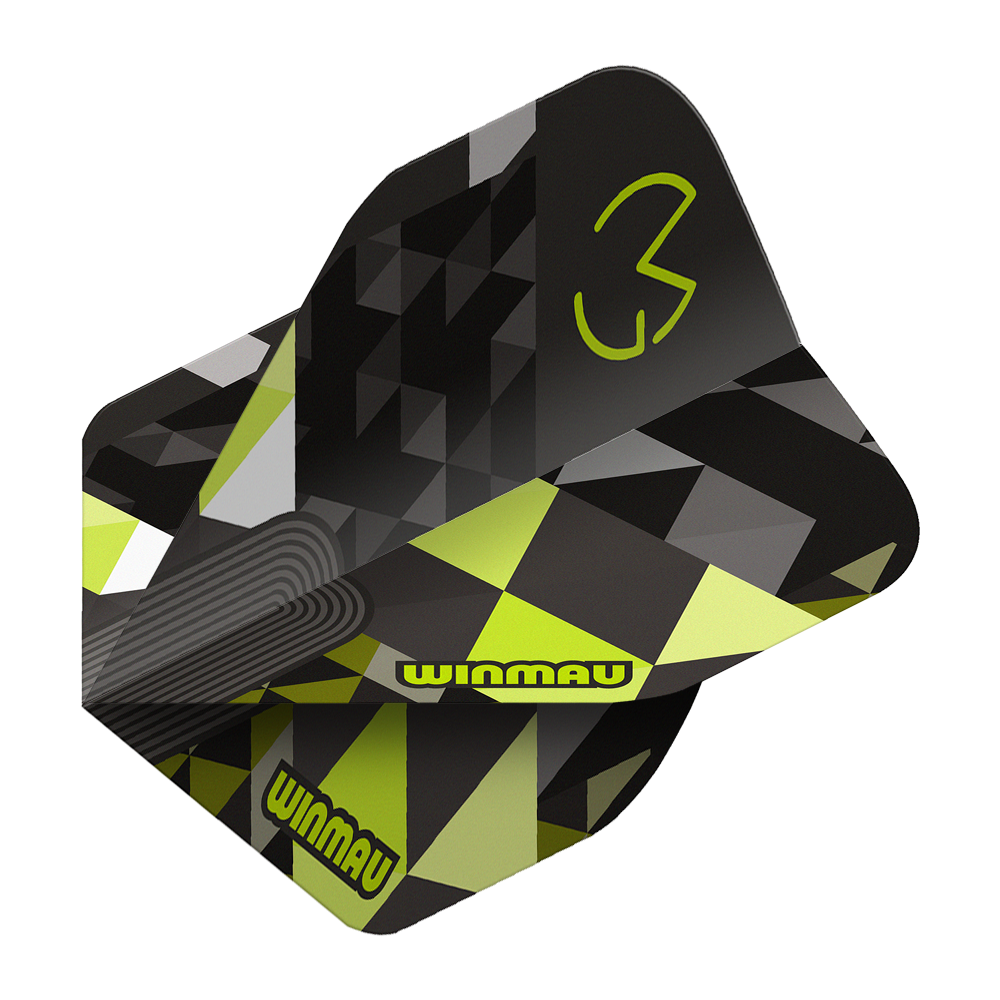 Winmau Prism Delta MvG Logo Groen Nr. 2 Standaardvluchten Das Bild stellt Winmau Prism Delta MvG Logo Green No2 Standard Flights dar. Grüne Dart-Flights mit einem markanten Logo sind abgebildet.