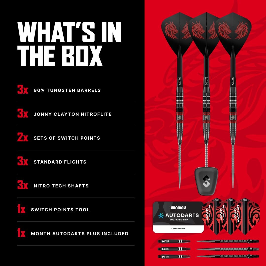 Red Dragon Jonny Clayton RD-ULTRA Switch Point stalen dartpijlen - 22 g Das Foto zeigt die Red Dragon Jonny Clayton RD-ULTRA Switch Point Steeldarts mit einem Gewicht von 22 Gramm. Die Darts werden im Detail präsentiert.