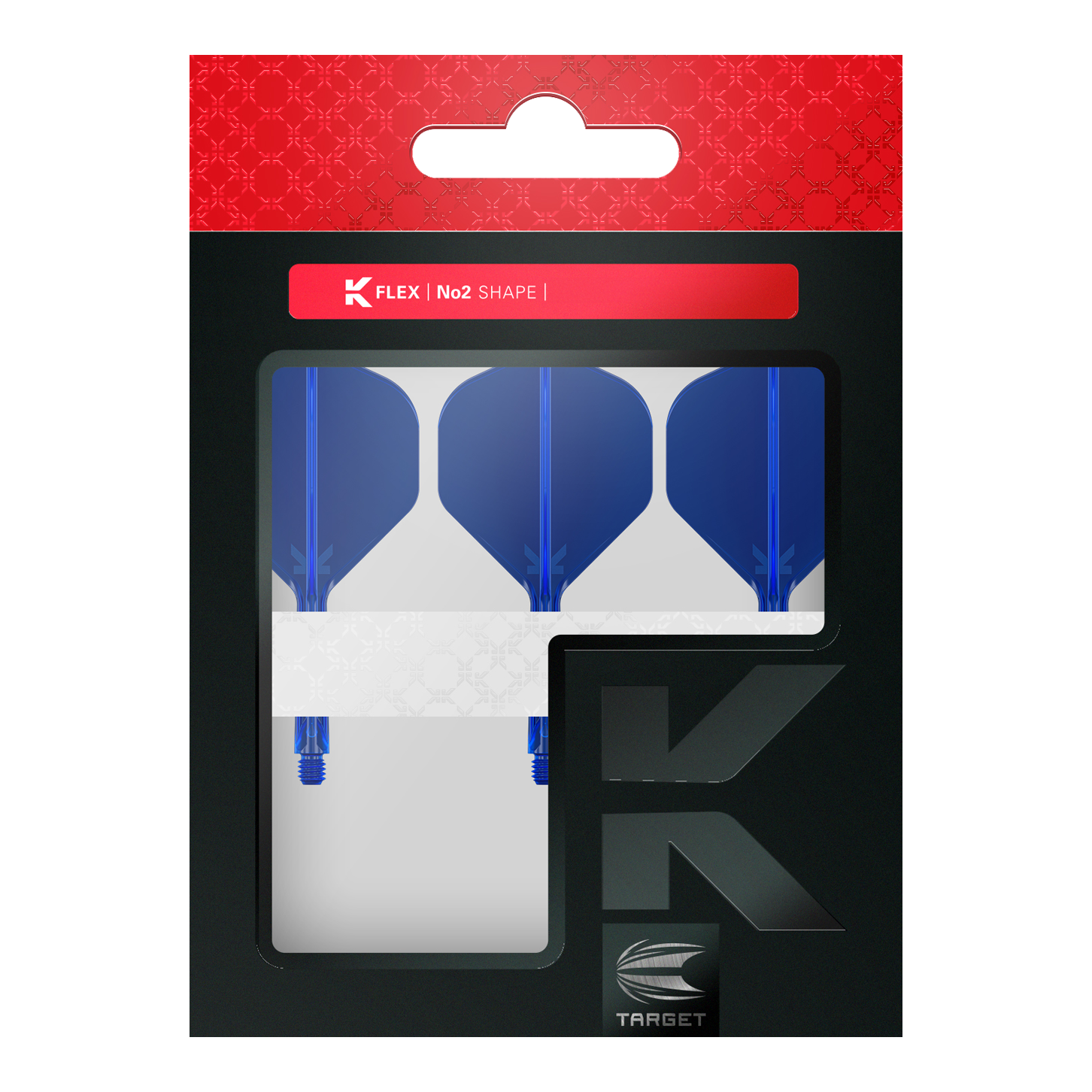 Target K-Flex No2 Standaard Vluchtsysteem - Blauw Die Verpackung enthält drei blaue Dart-Flights im No2-Standard-Format von der Marke Target. Im oberen Bereich steht "K Flex | No2 Shape" auf einem roten Streifen.