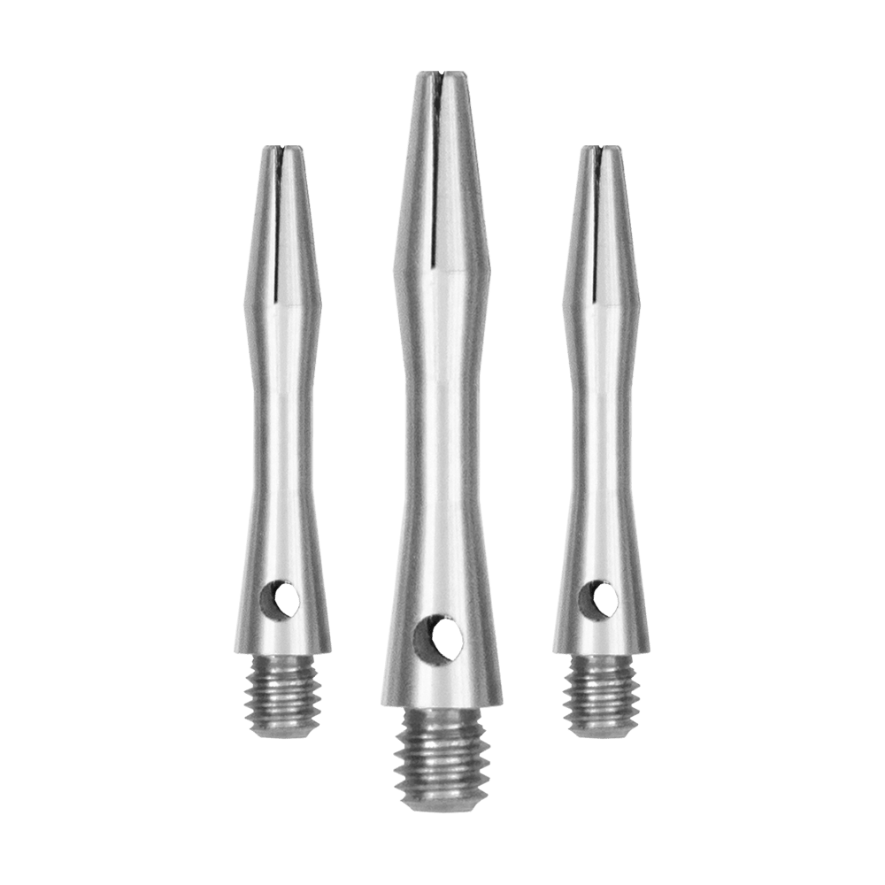 Das Bild zeigt drei silberne Aluminium-Schäfte in verschiedenen Längen. Sie haben ein glattes, metallisches Finish und ein Schraubgewinde am unteren Ende.