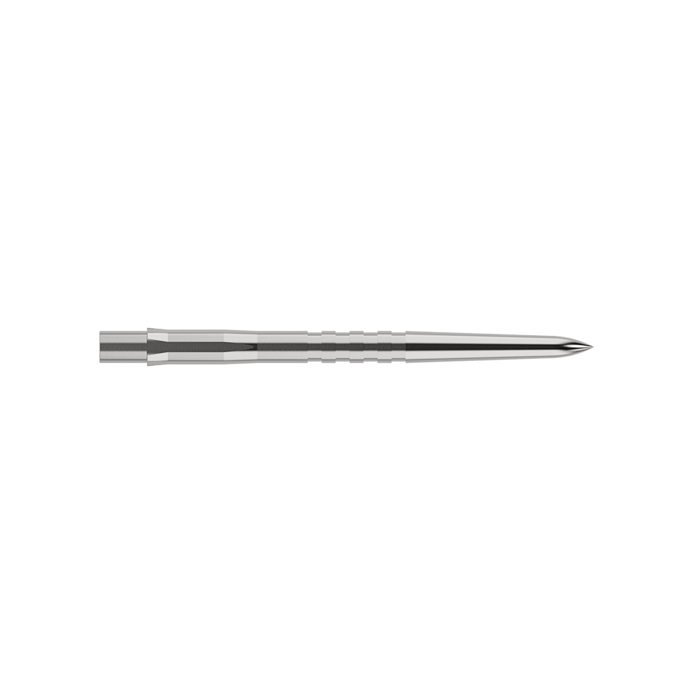 Auf dem Bild ist eine silberne, gerillte Steeldartspitze zu sehen. Sie ist schmal, lang und misst 32 mm in der Länge.