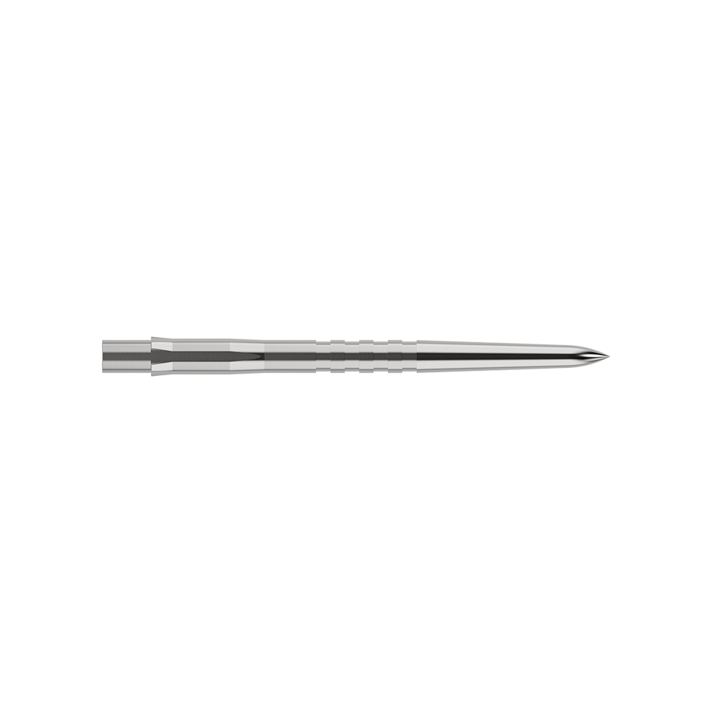 Mission Caliburn EVO dartpunten - gegroefd - zilver Auf dem Bild ist eine silberne, gerillte Steeldartspitze zu sehen. Sie ist schmal, lang und misst 32 mm in der Länge.