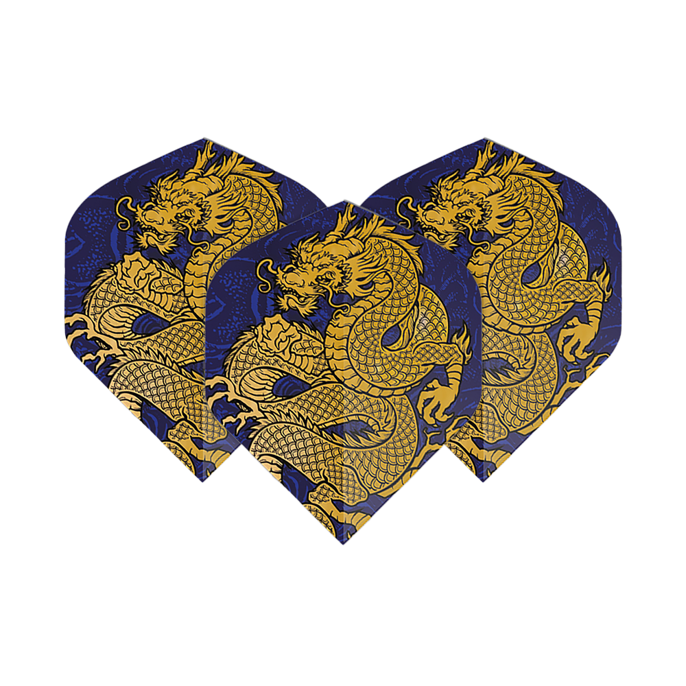 Pentathlon Vluchten Draakblauw Auf dem Bild sind drei Dartflights mit einem auffälligen goldenen Drachendesign auf dunkelblauem Hintergrund zu sehen. Es handelt sich um die "Pentathlon Dragon 4 Standard Flights".
