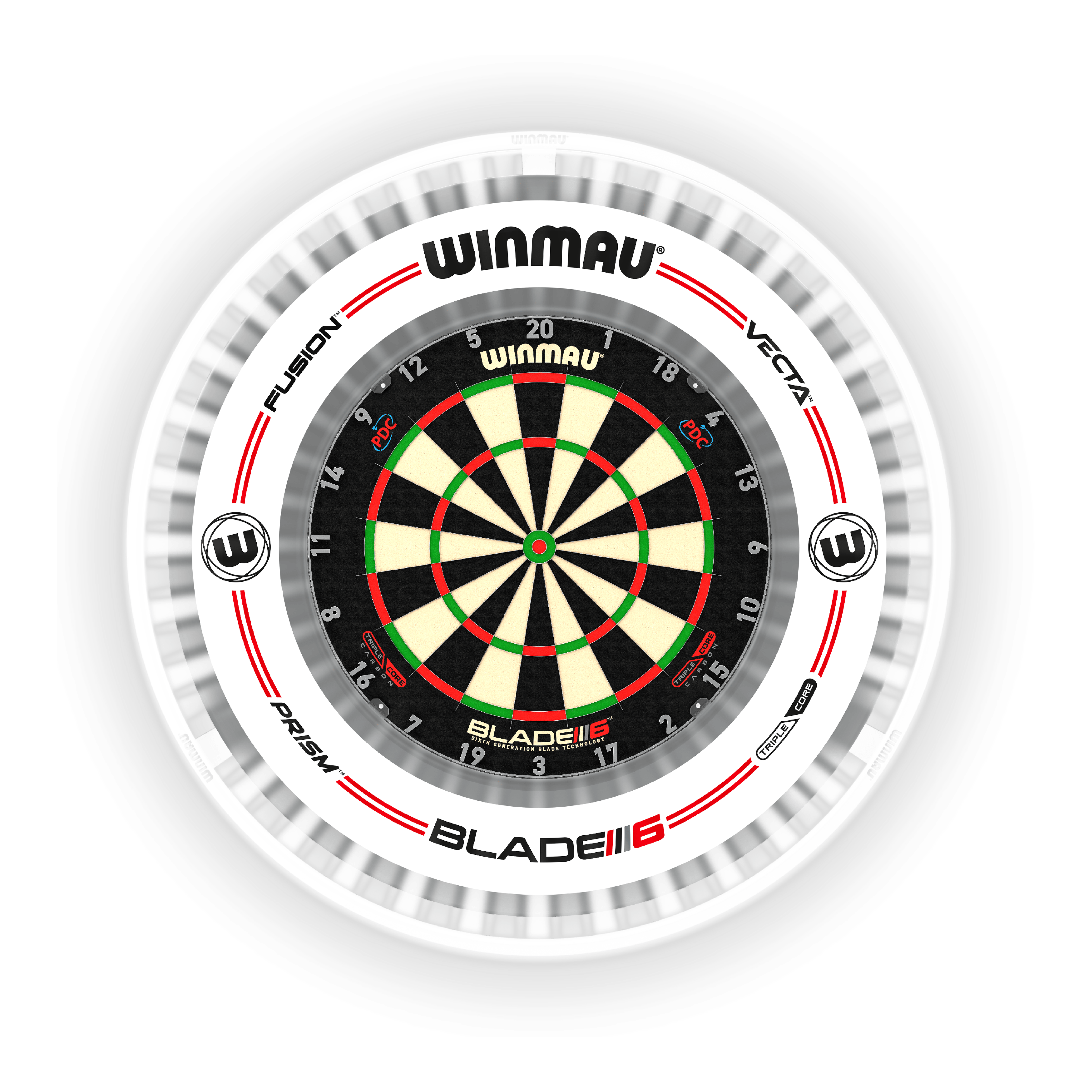 Winmau Plasma Ice LED Dartbordlamp Das Bild zeigt das Produkt "Winmau Plasma Ice LED Dartboard Light" um ein Dartboard. Es sorgt für eine helle und gleichmäßige Ausleuchtung der Dartscheibe.