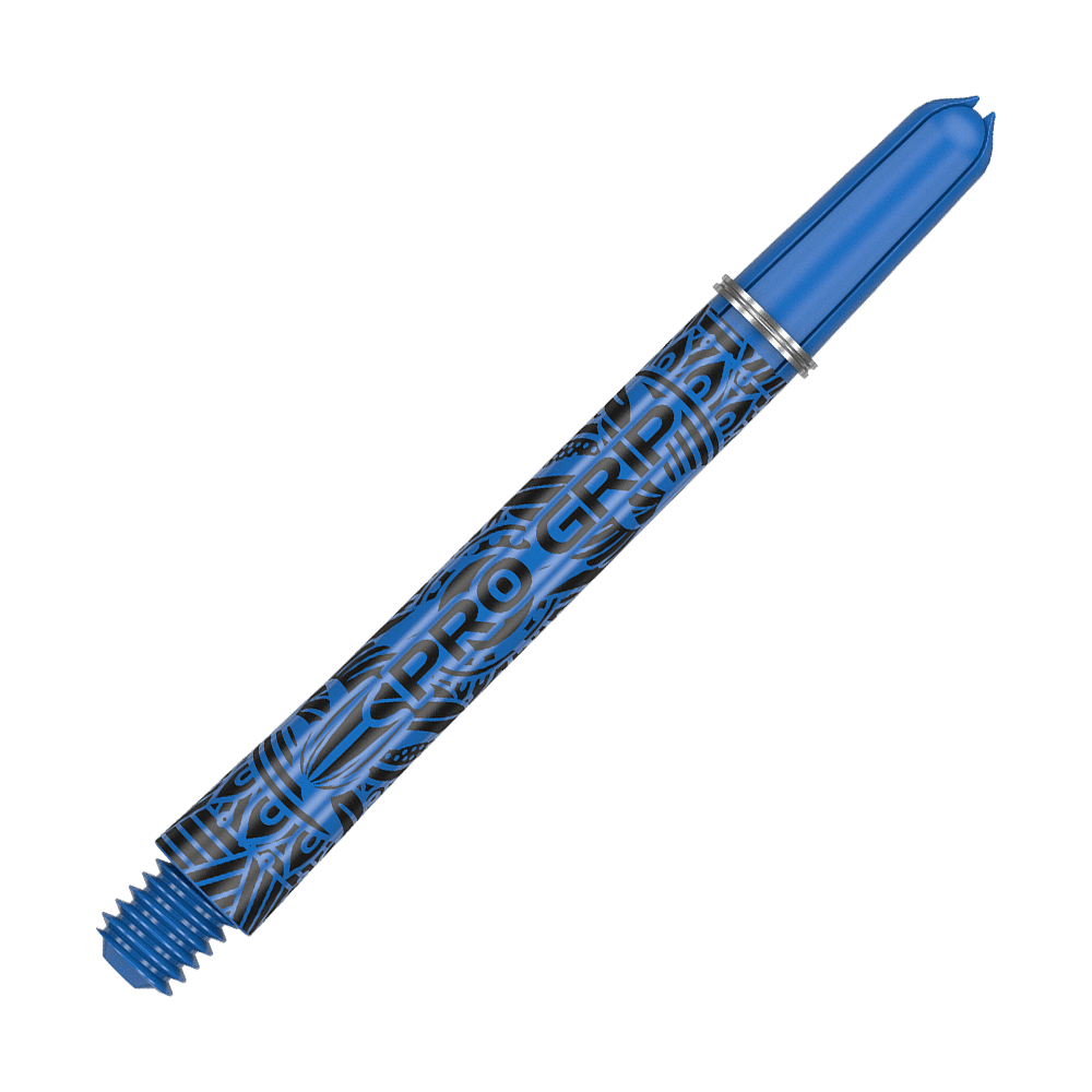 Auf dem Bild ist ein blauer Dartshaft mit der Aufschrift "PRO GRIP" zu sehen. Das Design ist mit schwarzen Mustern verziert und das Material sieht aus Kunststoff aus.