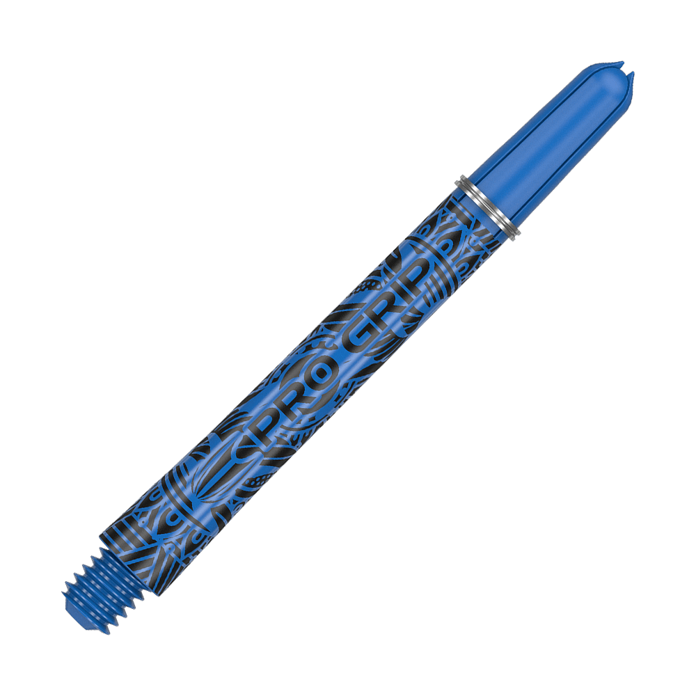 Target Pro Grip Ink shafts - 3 sets - blauw Auf dem Bild ist ein blauer Dartshaft mit der Aufschrift "PRO GRIP" zu sehen. Das Design ist mit schwarzen Mustern verziert und das Material sieht aus Kunststoff aus.