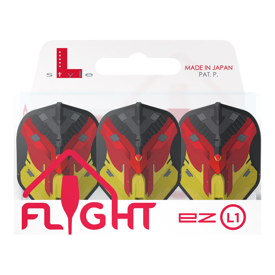 L-Style V-Serie V1 Type D Duitsland Zwart L1EZ Vluchten Das Bild zeigt eine Packung mit drei Dartflights in den Farben Schwarz, Rot und Gelb. Auf der Verpackung steht „FLIGHT ez L1“ und sie ist als „Made in Japan“ gekennzeichnet.