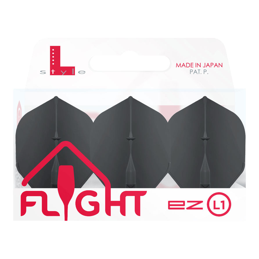 L-Style Champagne L1EZ Standaard Vluchten Die Abbildung zeigt eine Packung mit L-Style Champagne L1EZ Standard Flights. In der Verpackung befinden sich drei schwarze Dartflights.