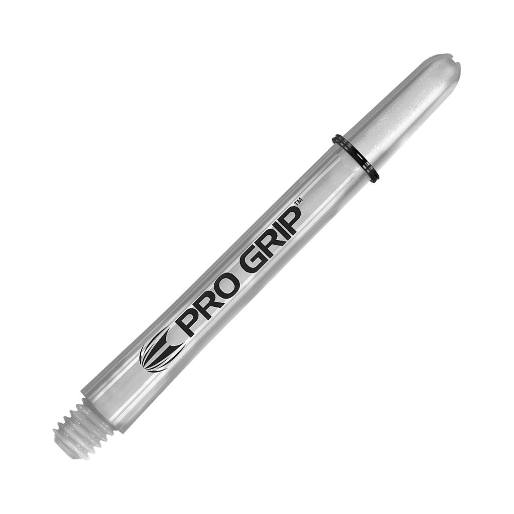 Target Pro Grip Shafts - 3 sets - Transparant Das Bild zeigt einen transparenten "Pro Grip" Schafts für Darts. Der Schaft ist 48 mm lang und hat ein einfaches, klares Design.