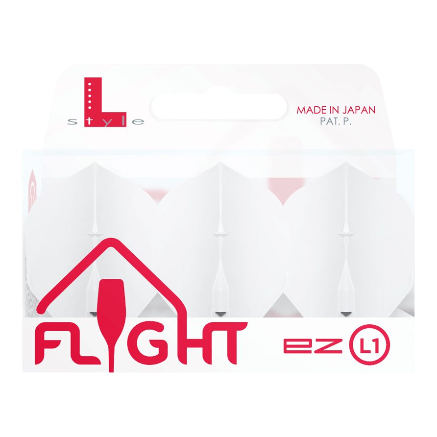 L-Style Champagne L1EZ Standaard Vluchten Die Abbildung zeigt eine Packung der "L-Style Champagne L1EZ Standard Flights". Die Flights sind weiß und werden in Japan hergestellt.