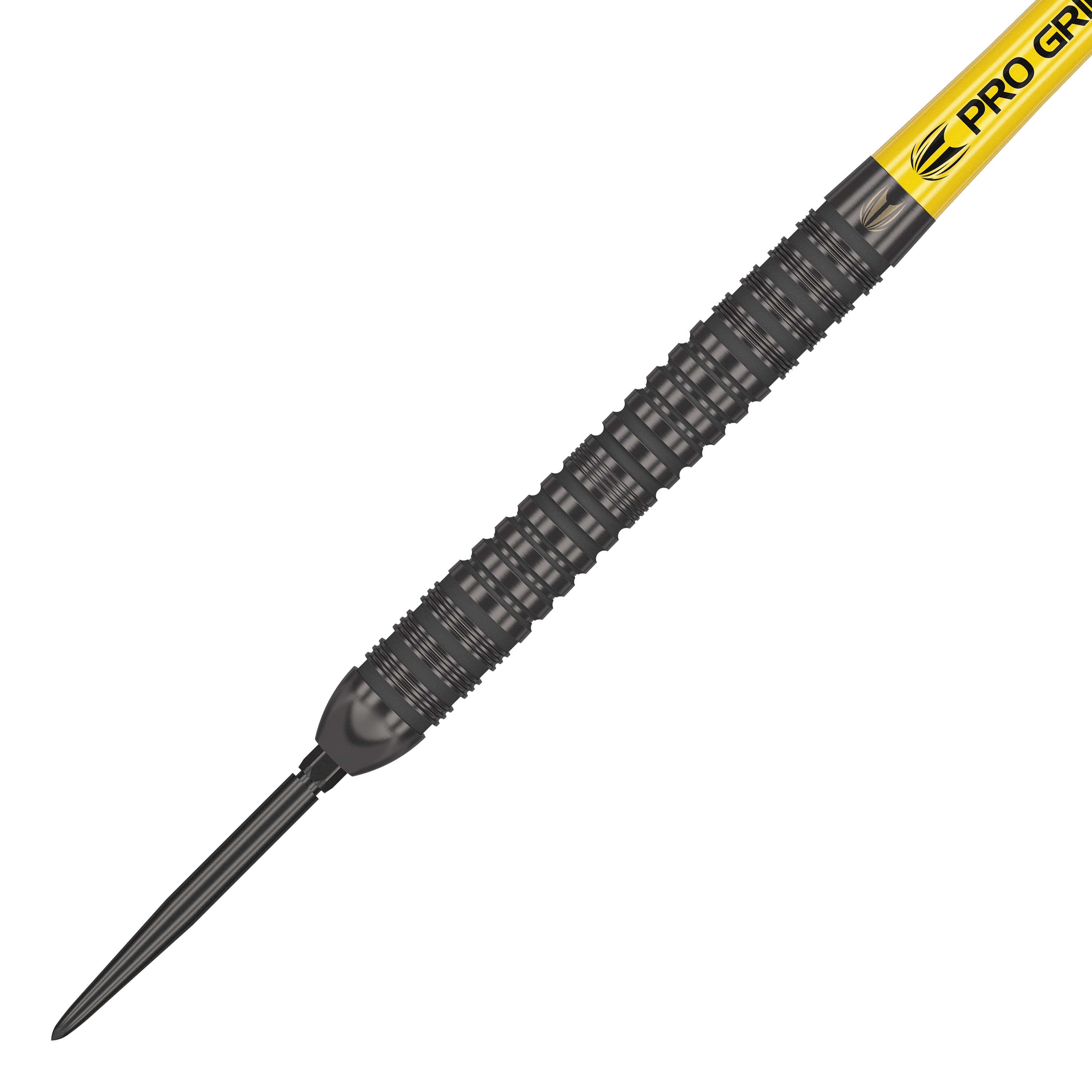 Target Bolide Void 04 Swiss Point stalen darts Das Bild zeigt einen Target Bolide Void 04 Swiss Point Steeldart. Der Dart hat ein schwarzes, geriffeltes Barrel und einen gelben Schaft mit der Aufschrift "PRO GRIP".