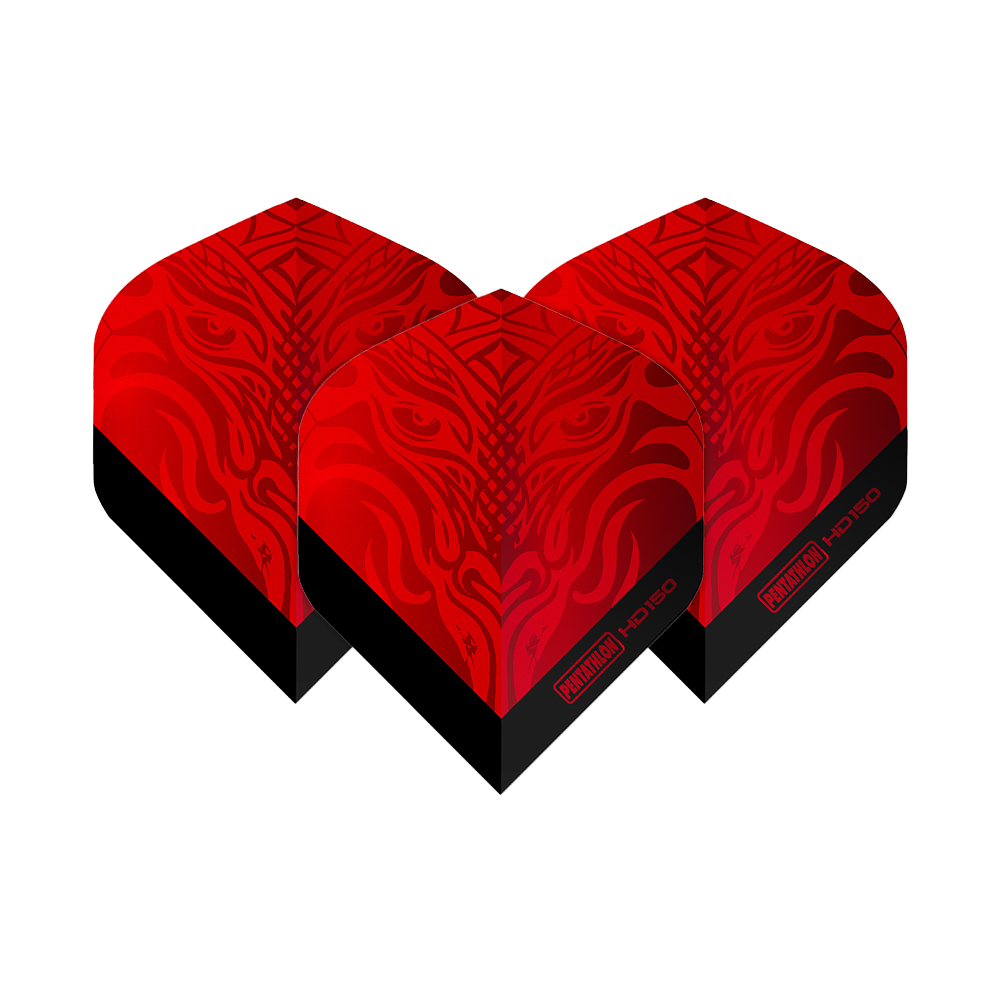 Pentatlon HD150 Metallic Rood Standaardvluchten Das Bild zeigt drei rote Dart-Flights mit einem auffälligen, metallischen Muster. Auf den Flights steht "Pentathlon HD150" in schwarzer Schrift.