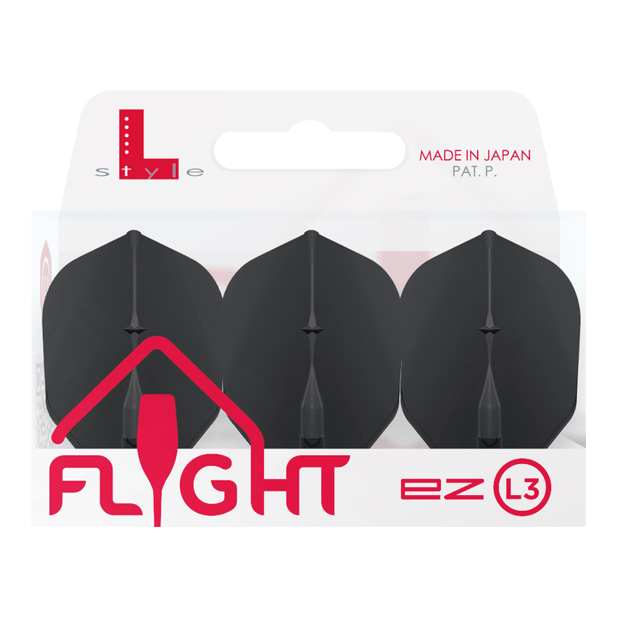 L-L-Style3EZ-vluchten Auf dem Bild ist eine Packung mit drei schwarzen Dartflights der Marke L-Style zu sehen. Die Verpackung trägt die Aufschrift „MADE IN JAPAN“ und „FLIGHT ez L3“.