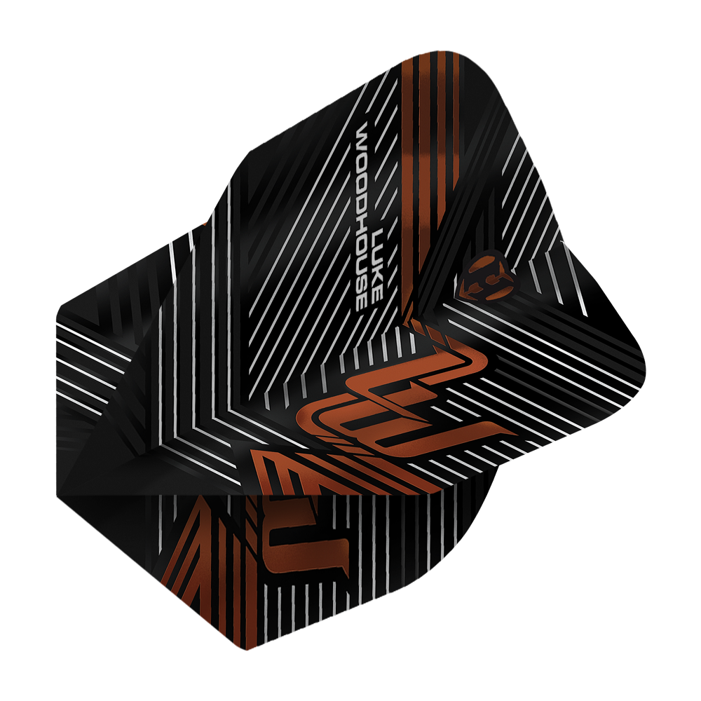 Harrow's Luke Woodhouse Serie 2 Vluchten Das Bild zeigt die Harrows Luke Woodhouse Series 2 Flights. Die Flights sind schwarz mit weißen und orangefarbenen Linien sowie dem Namen "Luke Woodhouse" darauf.