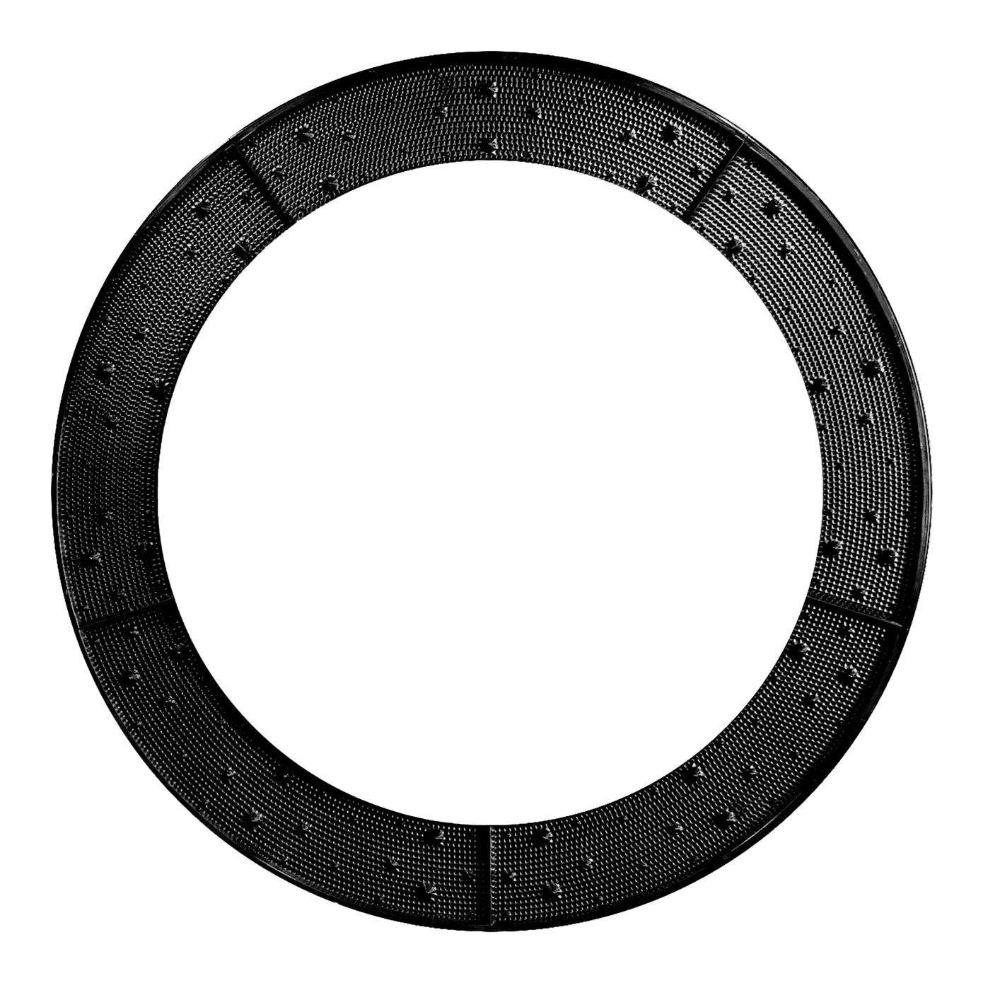 Karella E-Master reserveonderdeel Das Bild zeigt einen schwarzen, ringförmigen Wurfkranz mit sichtbaren Noppen auf der Oberfläche. Der Ring ist in mehrere Segmente unterteilt.