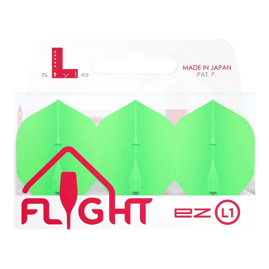 L-Style Champagne L1EZ Standaard Vluchten Das Bild zeigt eine Packung der "L-Style Champagne L1EZ Standard Flights" in grün. Die Verpackung ist weiß und hebt hervor, dass das Produkt in Japan hergestellt wurde.