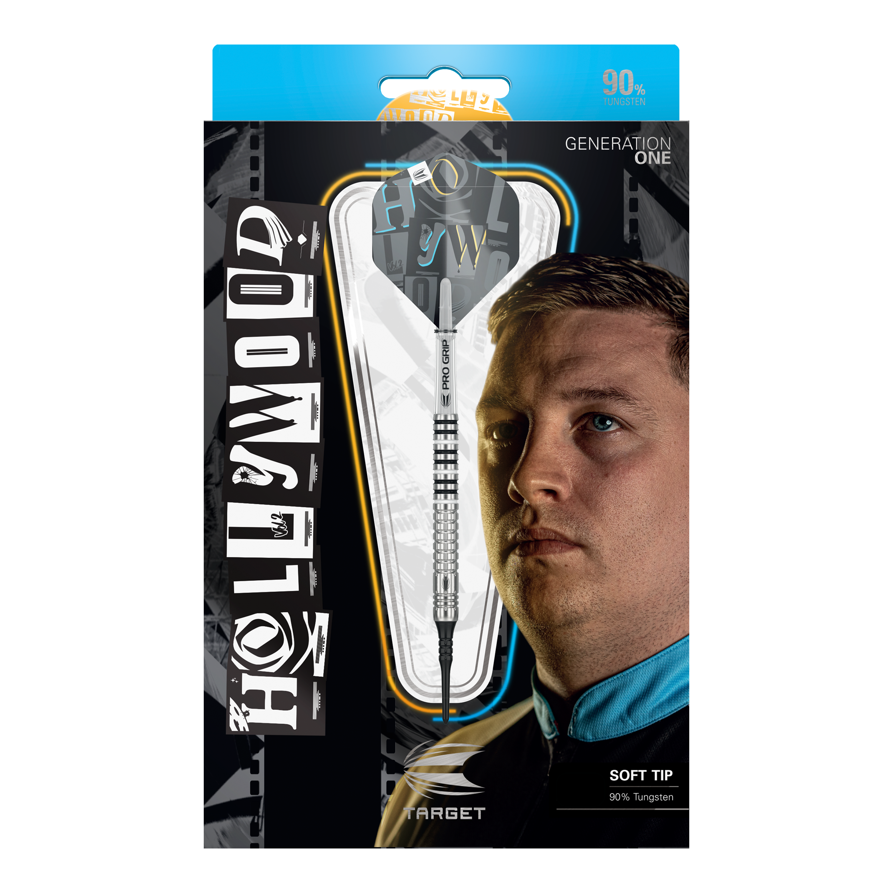 Target Chris Dobey GEN1 Softdarts - 19g Die Abbildung zeigt die Verpackung der "Target Chris Dobey GEN1 Softdarts - 19g". Auf der Verpackung sind ein Softdart, das Gesicht eines Mannes und der Schriftzug "HOLLYWOOD" zu sehen.