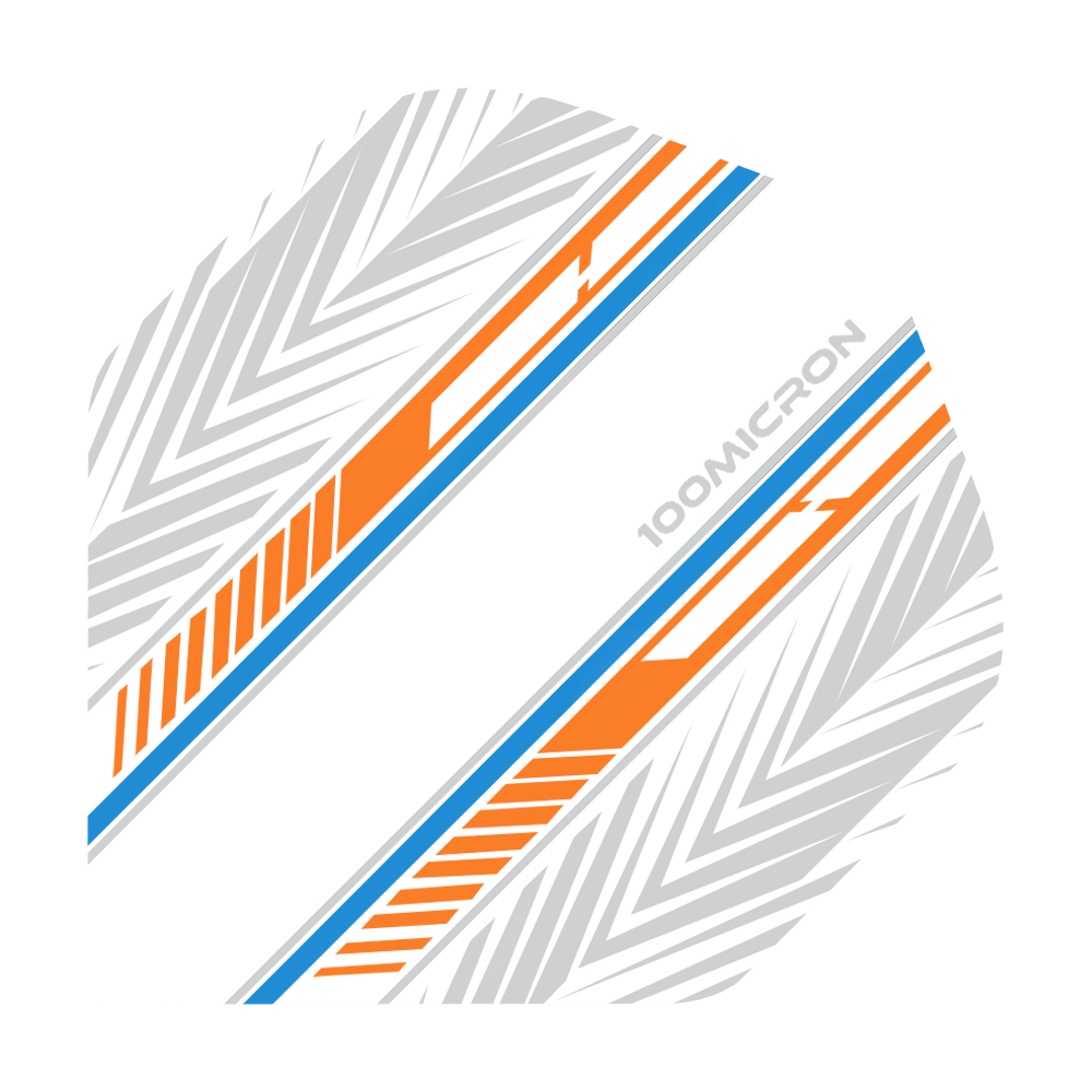 Pentathlon Flights wit/oranje/blauw Das Bild zeigt ein Dartflight mit einem weißen Hintergrund und auffälligen orange-blauen Streifen. Zusätzlich sind graue geometrische Muster und der Schriftzug "100MICRON" zu sehen.