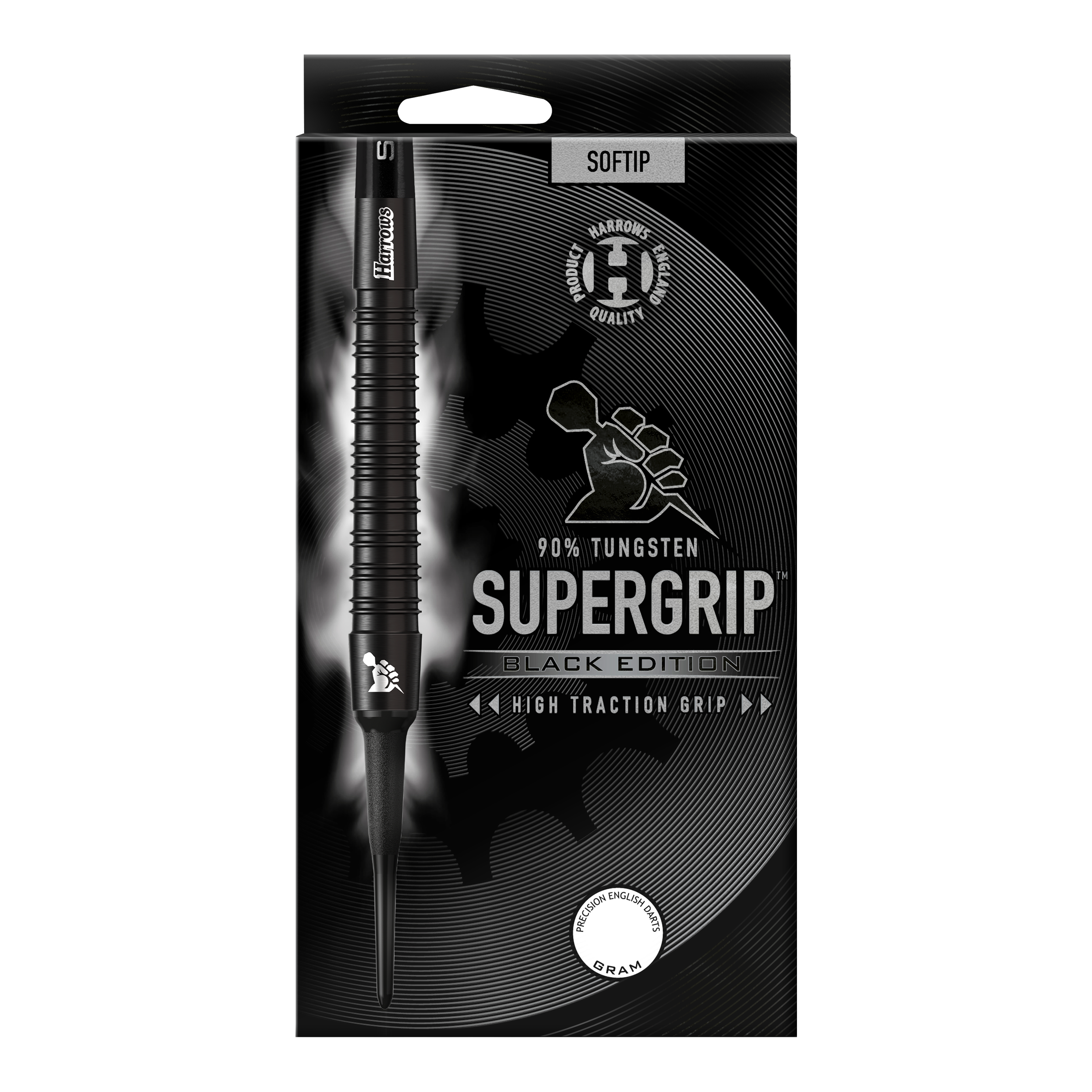 Harrows Supergrip Black Edition zachte darts Das Bild zeigt die Verpackung der "Harrows Supergrip Black-Edition Softdarts". Die Darts bestehen zu 90 % aus Tungsten und haben eine hohe Griffigkeit.