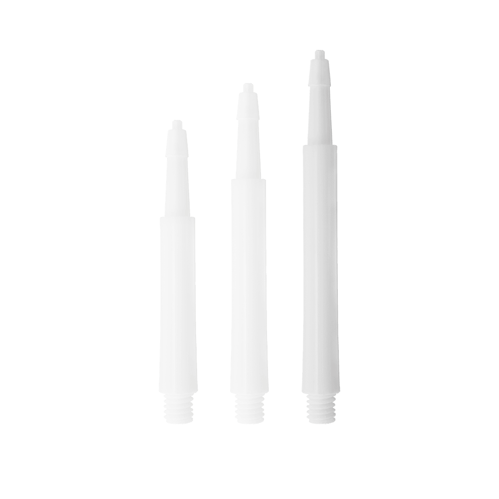 Das Bild zeigt drei weiße Harrows Clic Standard Shafts in unterschiedlichen Längen. Die Shafts sind für den Einsatz bei Darts gedacht.