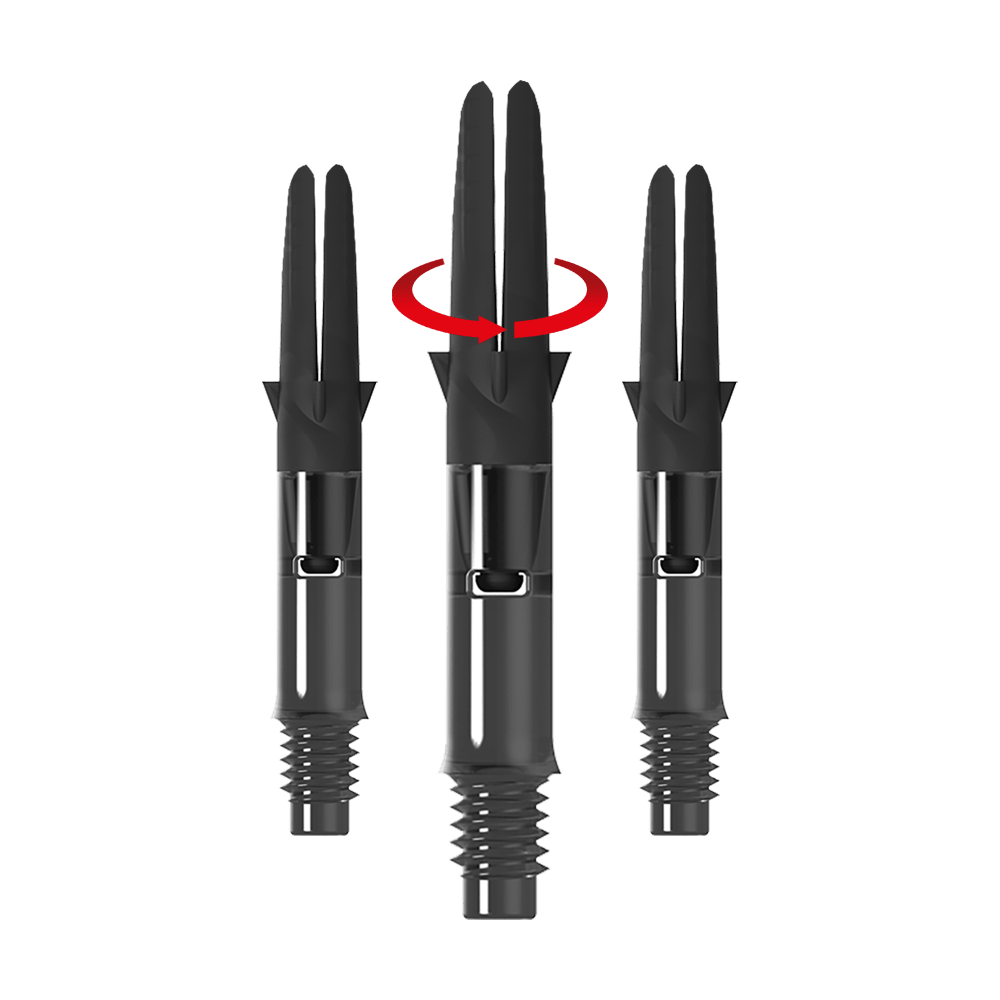 L-L-Style-Shaft Carbon Silent Straight - Zwart Das Bild zeigt drei schwarze Carbon-Schaftsätze für Dartpfeile ohne Kappen. Über dem mittleren Schaft ist ein roter Pfeil, der eine Drehbewegung anzeigt.