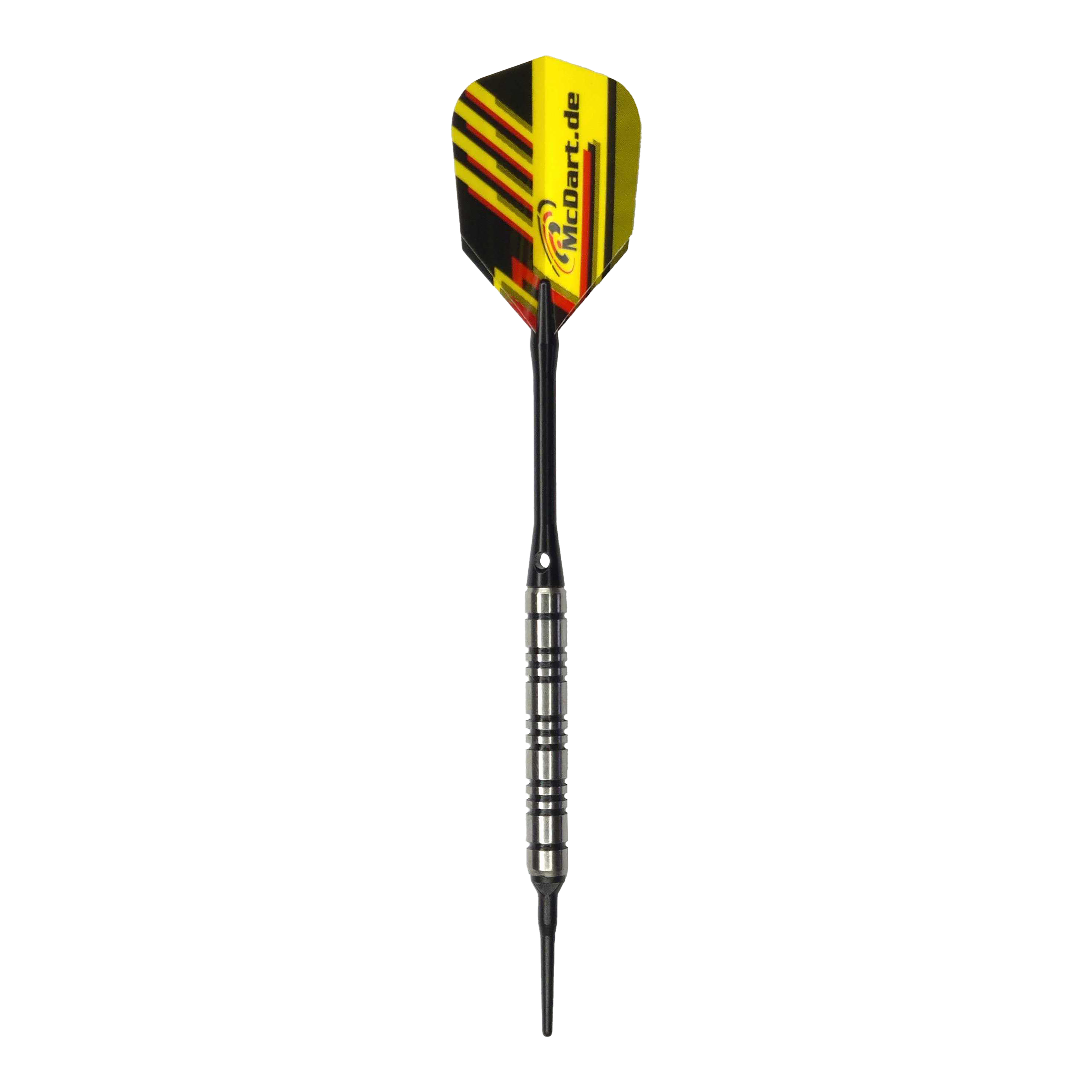 McDart 85 Tungsten V2 zachte darts - 17g Das Bild zeigt einen McDart 85er Tungsten V2 Softdart mit einem Gewicht von 17 Gramm. Er hat einen silbernen Barrel und ein gelb-schwarzes Flight mit McDart.de-Aufdruck.