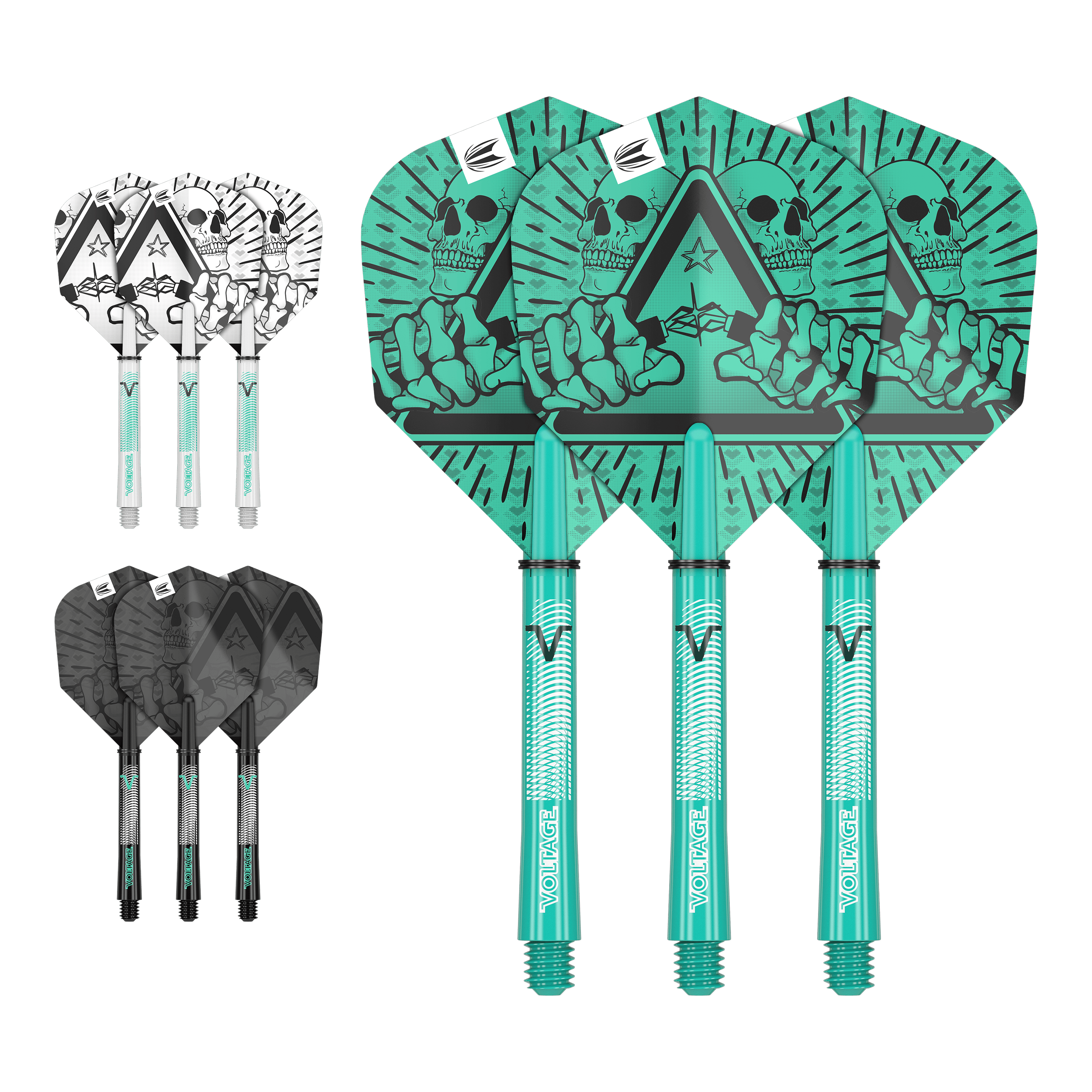 Target Ink Flight Shaft Kit Rob Cross Das Bild zeigt drei Sätze von Dartflights und -schäften in unterschiedlichen Farben und Designs. Die größten Flights haben ein auffälliges grünes Motiv mit einem Totenkopf und einer Hand.