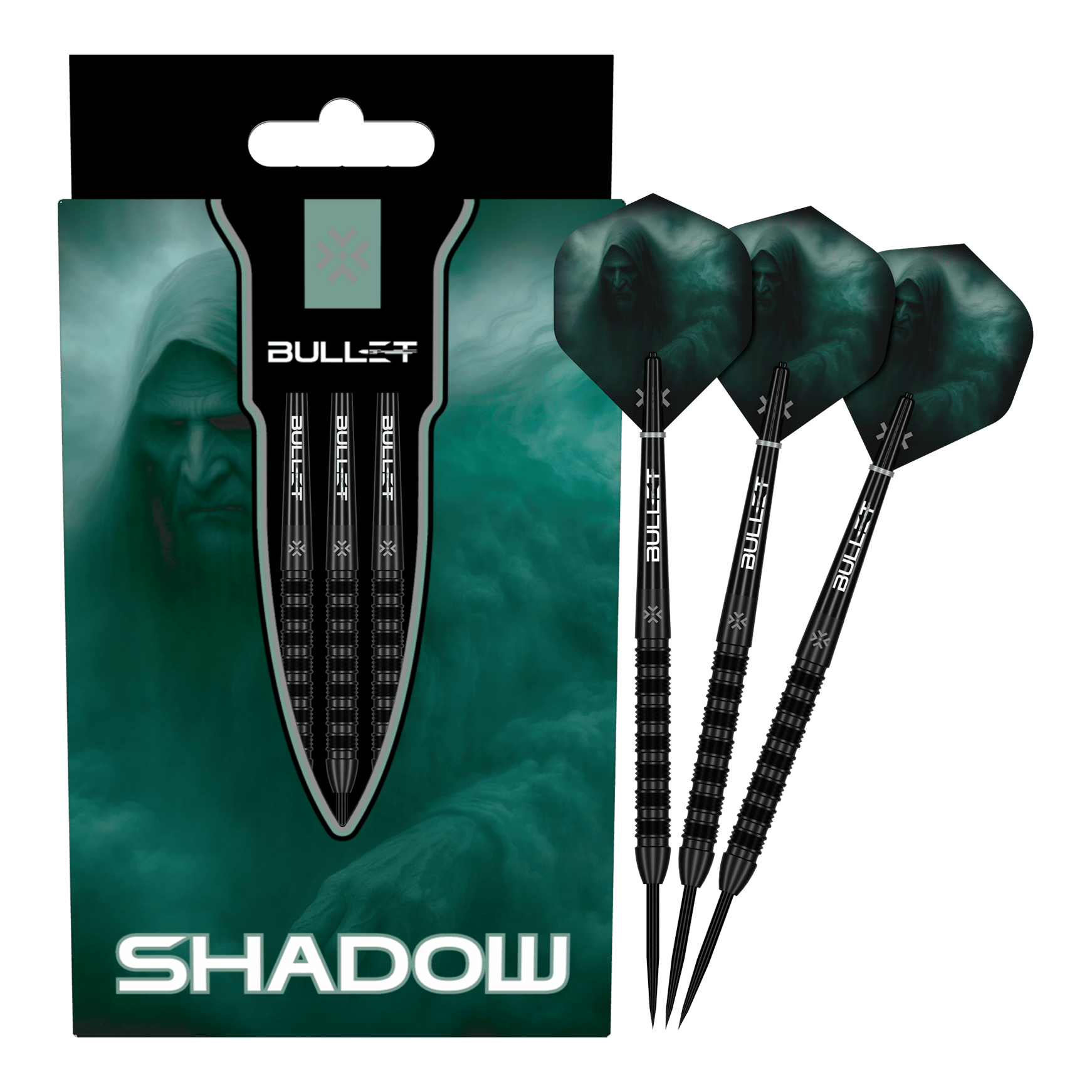 Bullet Shadow stalen darts Das Bild zeigt die Bullet Shadow Steeldarts. Sie sind hochwertige Steeldarts mit einem modernen Design.